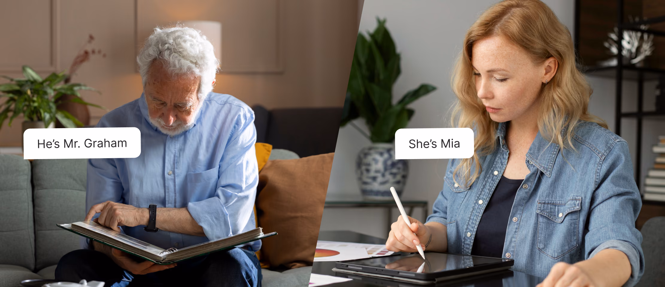 Senior man and young woman as characters for the story about digital banking