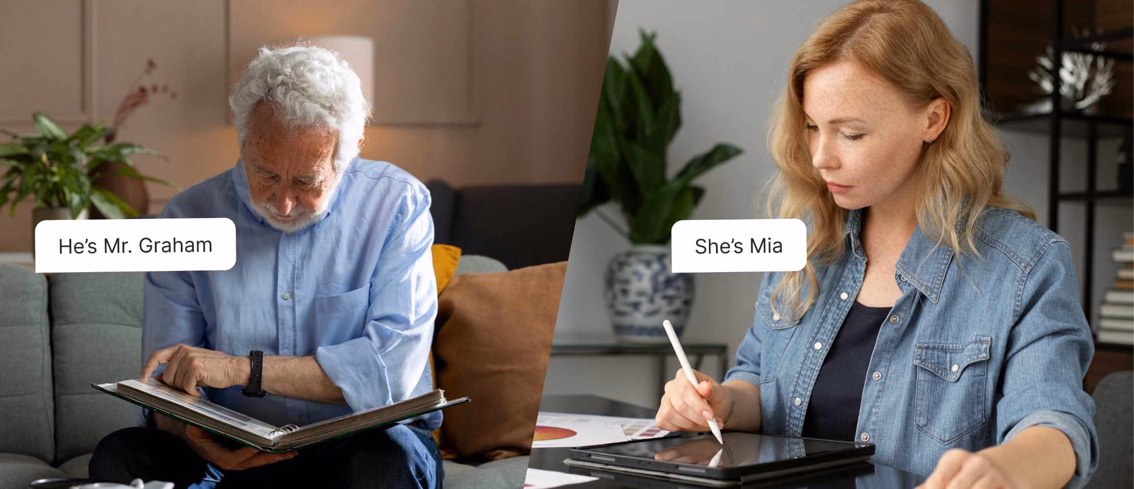 Split-screen image of elderly man named Mr. Graham looking through a photo album and young woman named Mia drawing on a digital tablet.