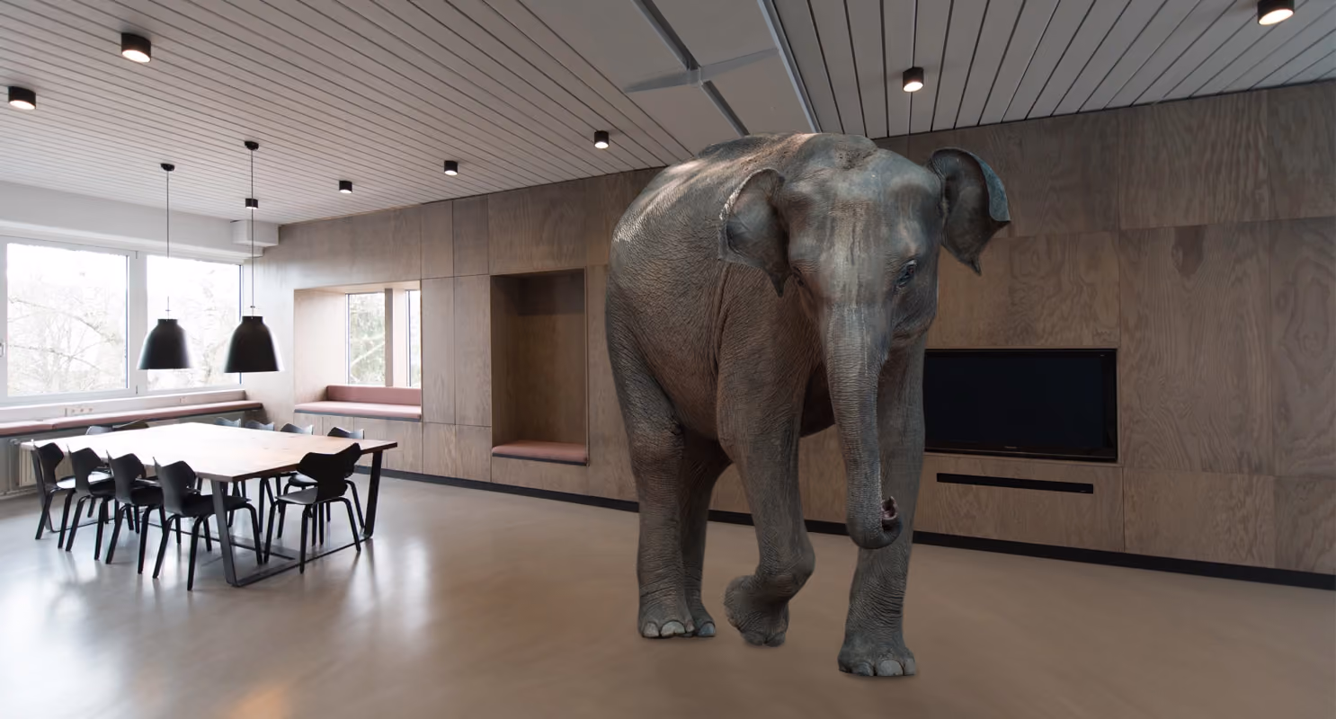 Elephant inside modern conference room, highlighting out-of-place concept. Perfect for unusual design articles.