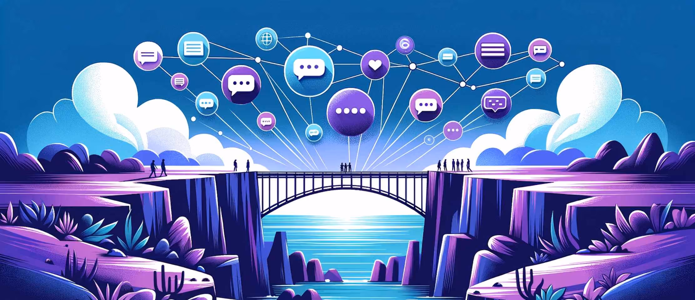 Chat bridge illustration with digital network icons, symbolizing global communication and connectivity.