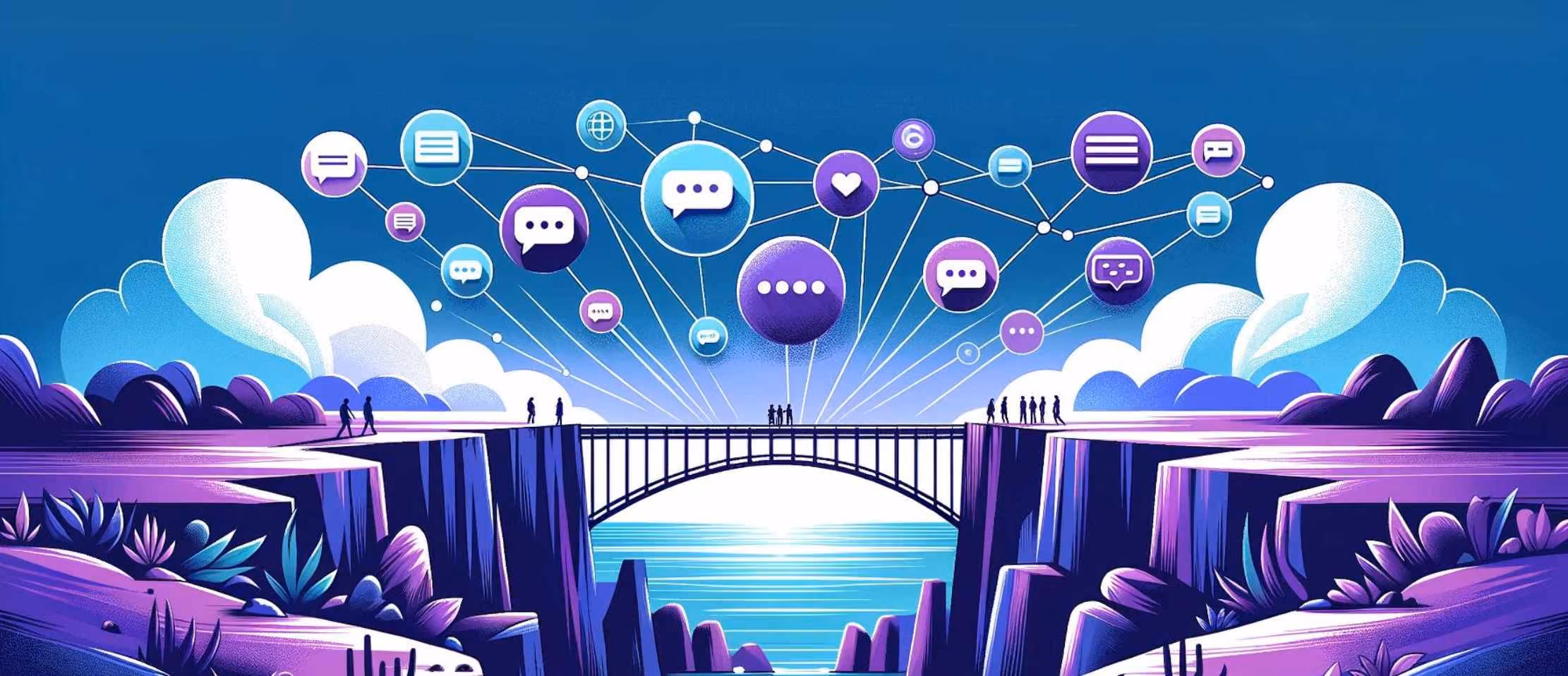 Chat bridge illustration with digital network icons, symbolizing global communication and connectivity.