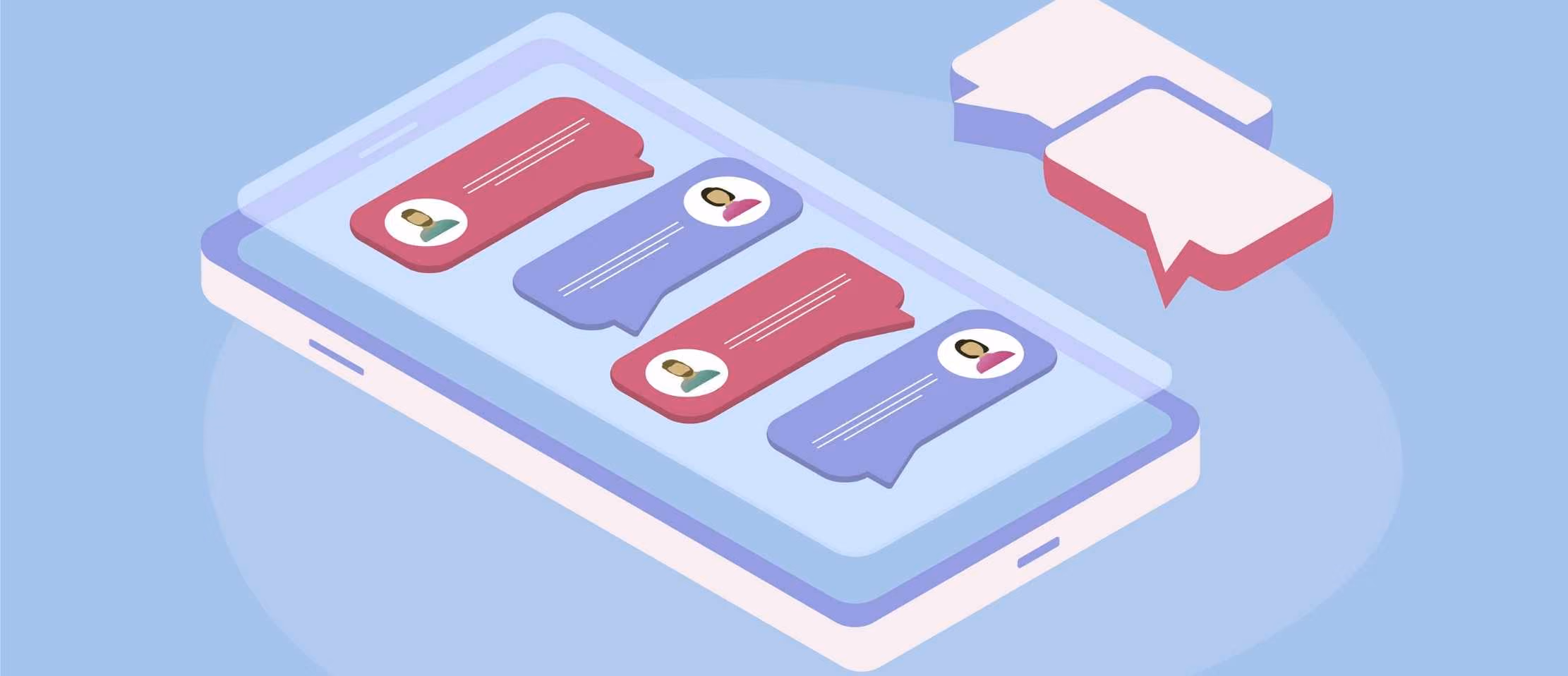 Illustration of smartphone displaying chat messages with avatars, symbolizing online communication and messaging apps.