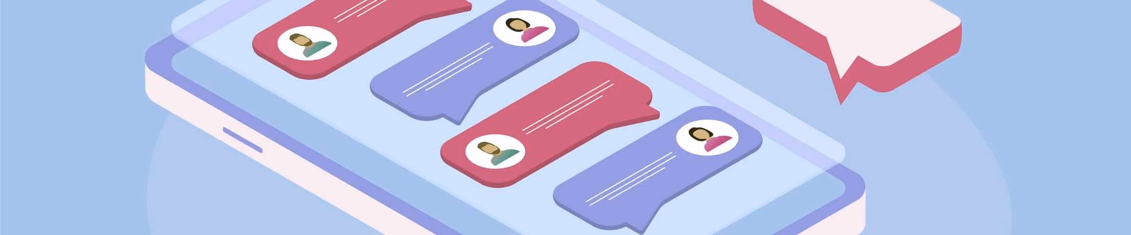 Illustration of smartphone displaying chat messages with avatars, symbolizing online communication and messaging apps.