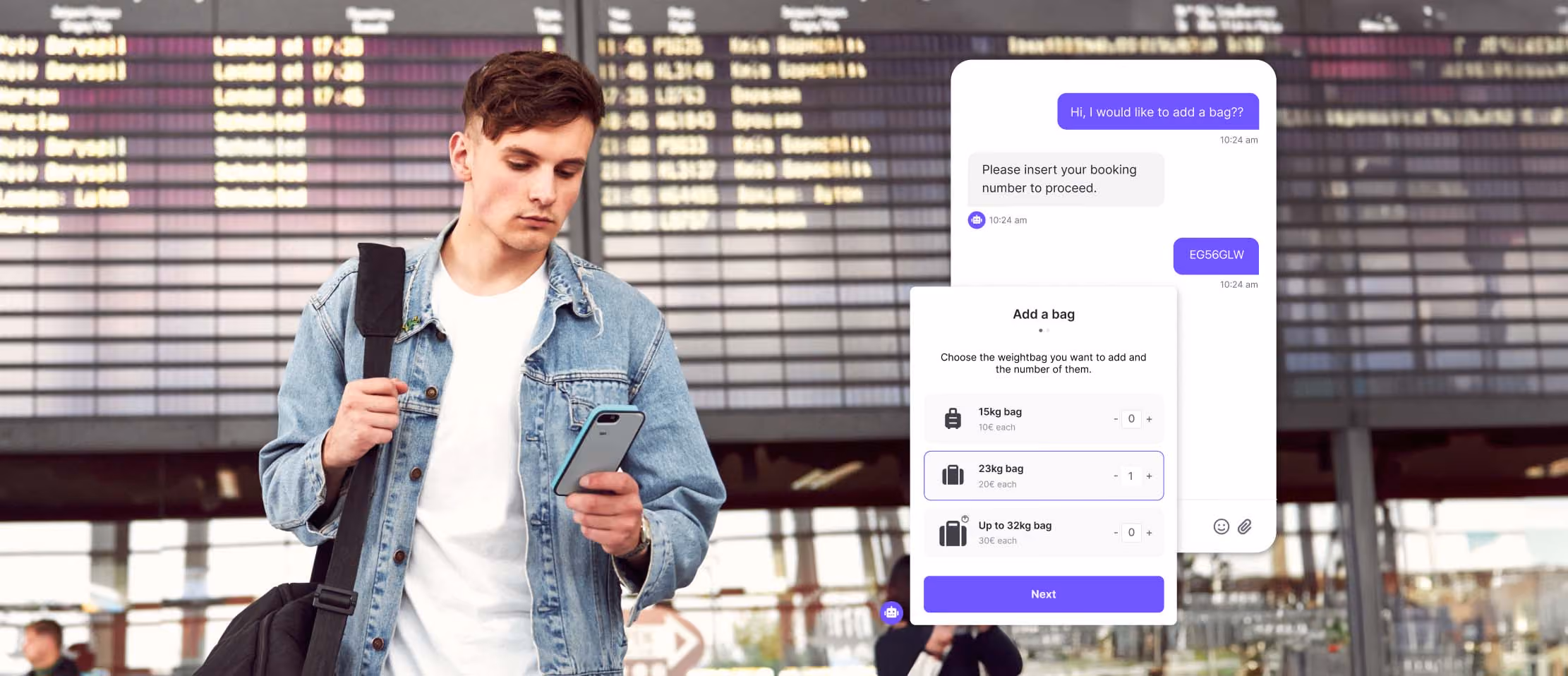 Traveler at airport checks flight on smartphone, adds baggage via app pop-up; enhancing airport efficiency and convenience.