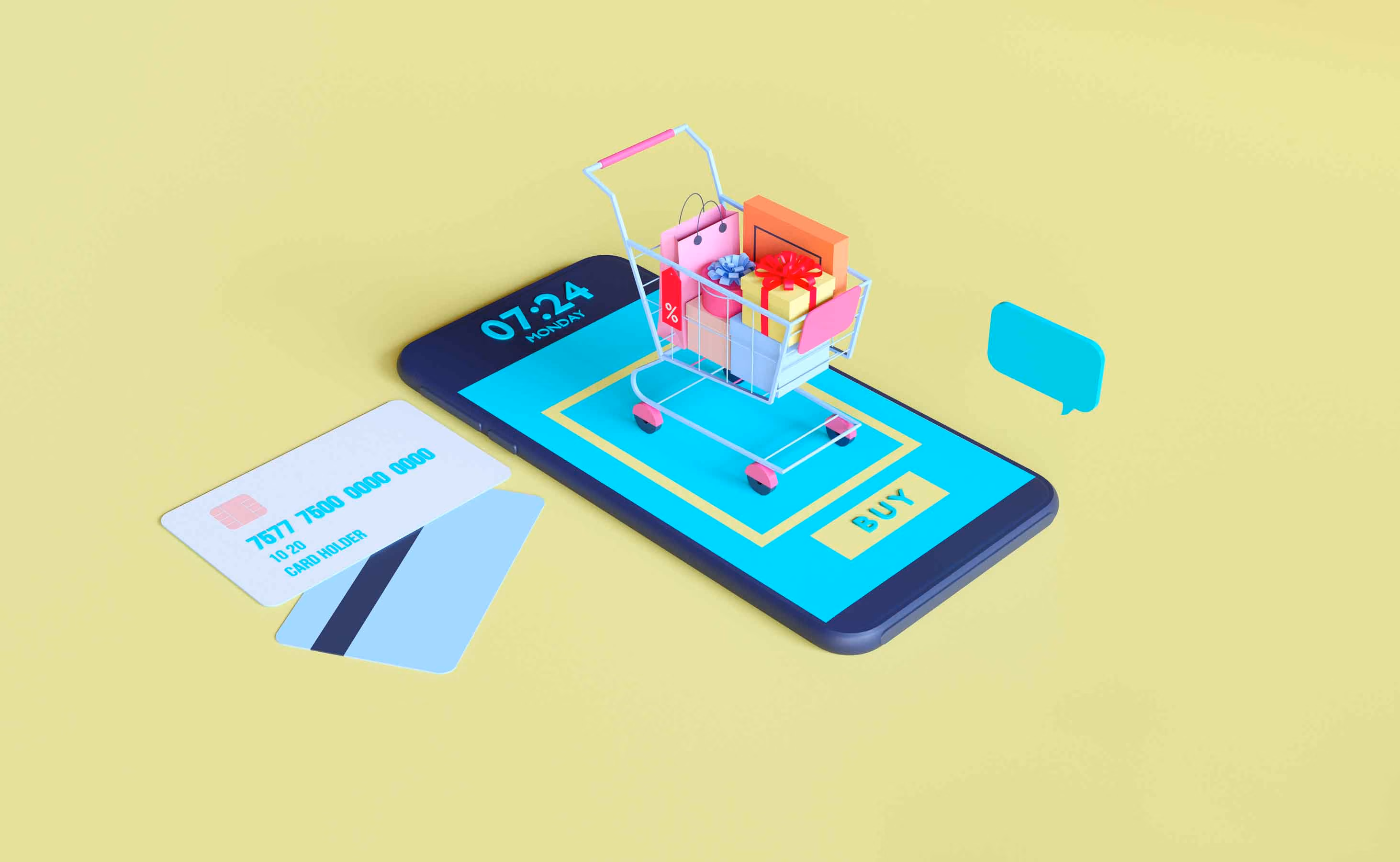 Online shopping on smartphone with credit cards, showcasing e-commerce and digital retail trends.