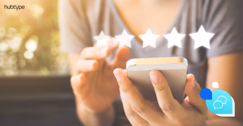 User interacting with smartphone, rating five stars, symbolizing customer feedback and engagement.
