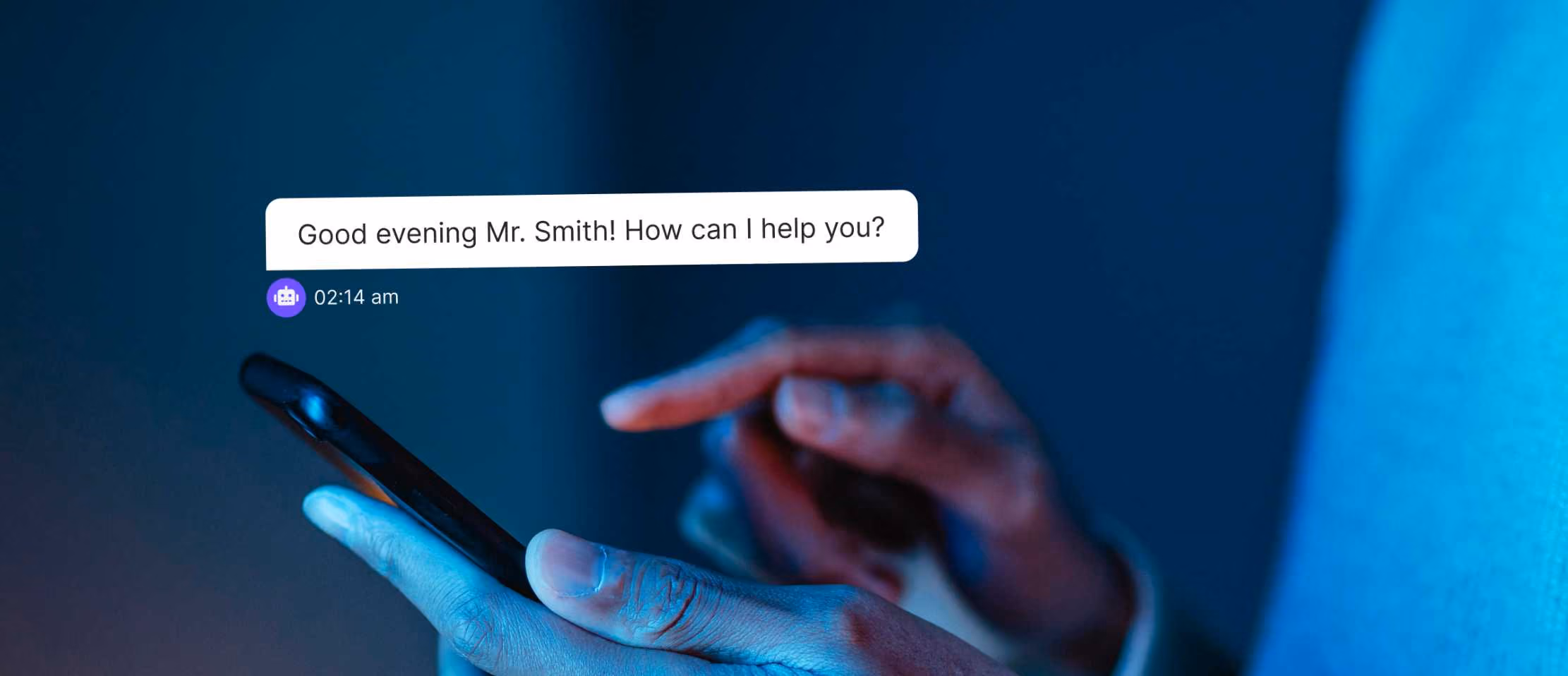 Chatbot greeting on smartphone in dim lighting, ideal for self-service support content.