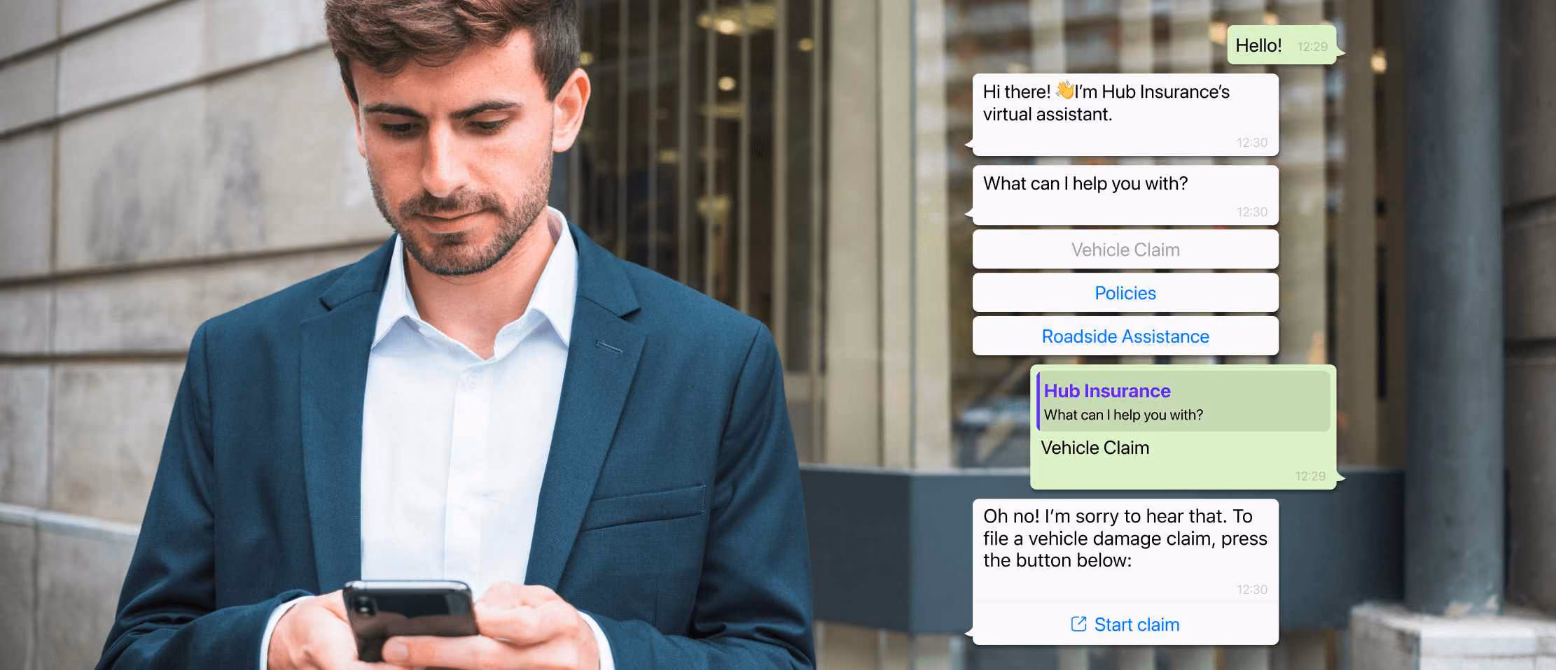 Professional businessman in blue suit using smartphone with Hub Insurance virtual assistant chat interface for vehicle claim support.