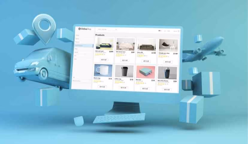 E-commerce website on computer screen with delivery truck, airplane, and location icon, showcasing online shopping and logistics.