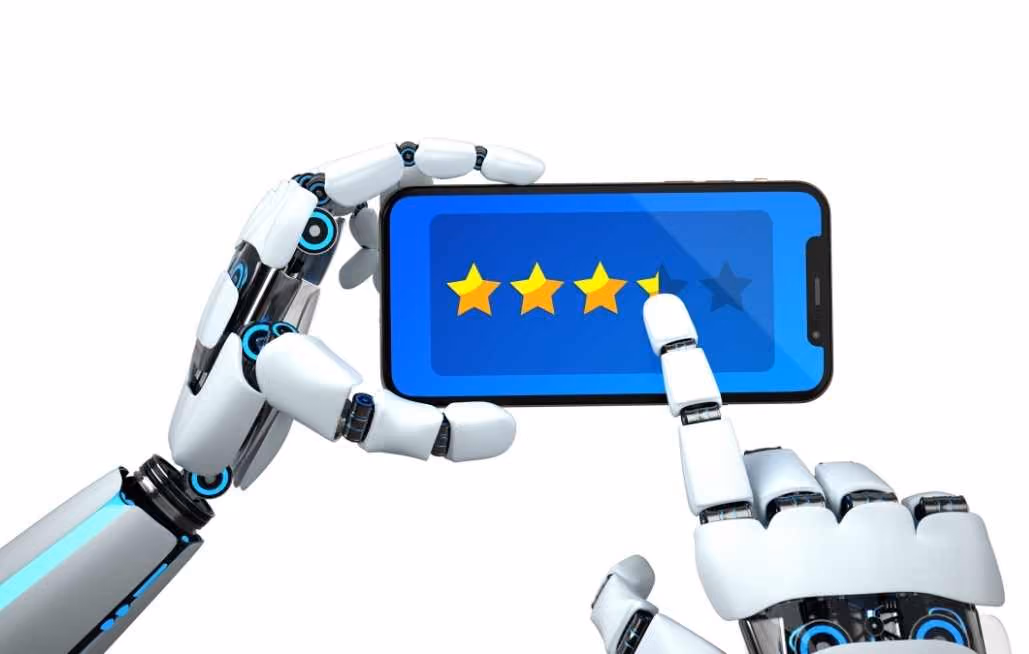 Robot hands holding smartphone with four-star rating, emphasizing technology and AI-driven customer reviews.