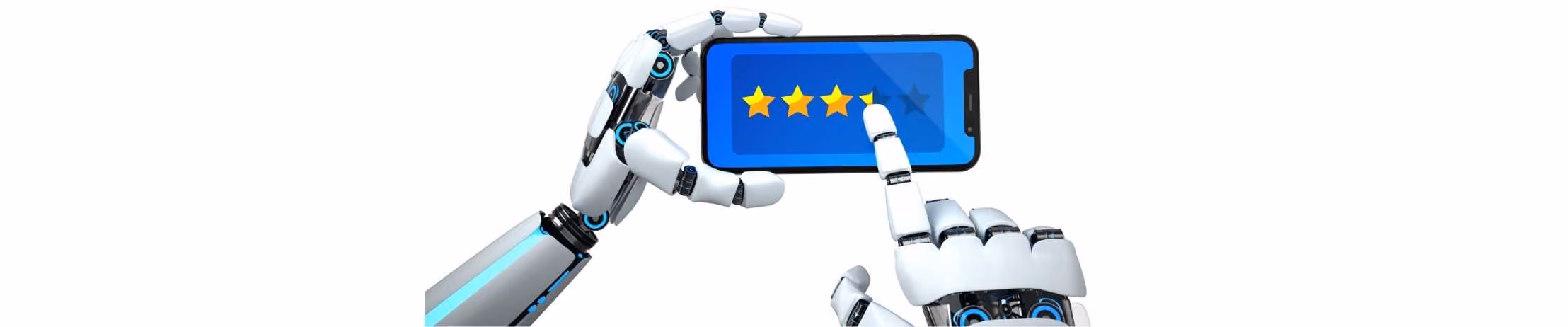Robot hands holding smartphone with four-star rating, emphasizing technology and AI-driven customer reviews.