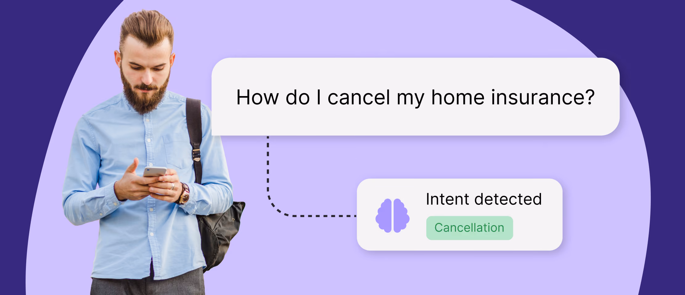 Businessman in blue shirt checking smartphone with chat message about home insurance cancellation and intent detection illustration