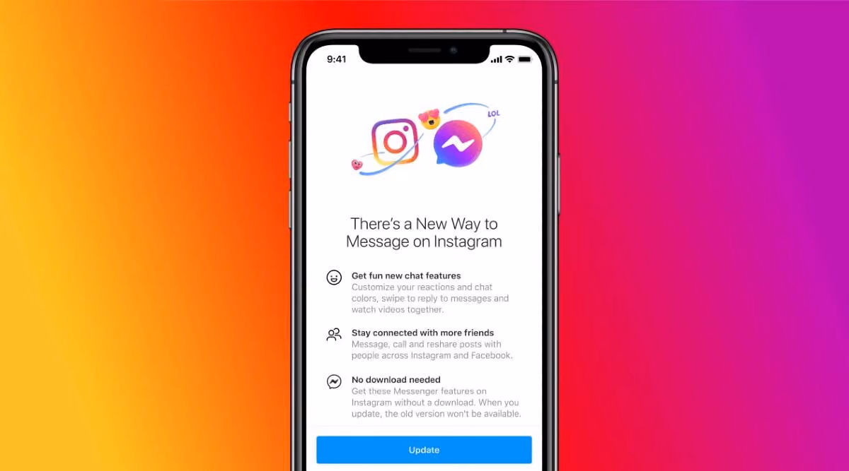 iPhone displaying Instagram Messenger API update, highlighting new chat features against a vibrant gradient background.