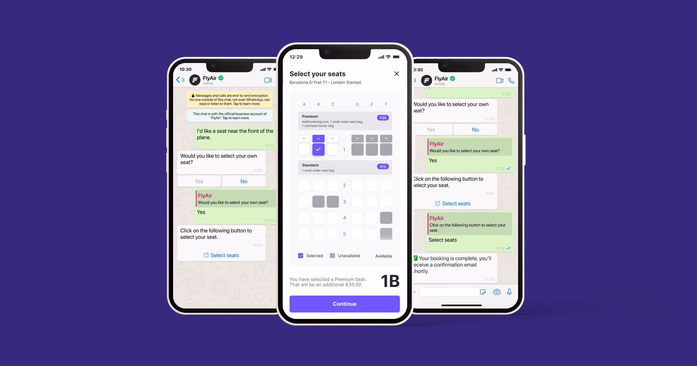 Visual representation of selecting seats when buying a ticket through a conversational app like Whatsapp and Hubtype