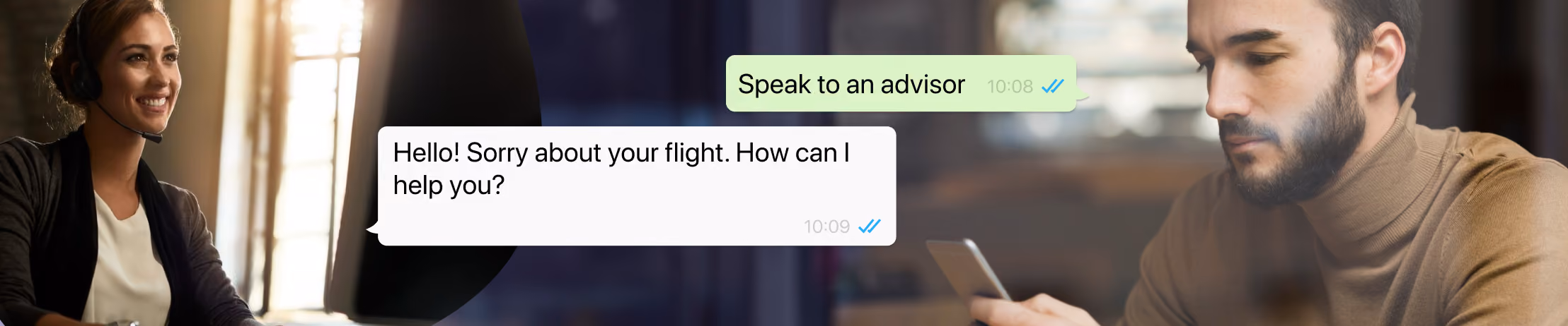 Customer service chat: Advisor assists man with flight issue via messaging.