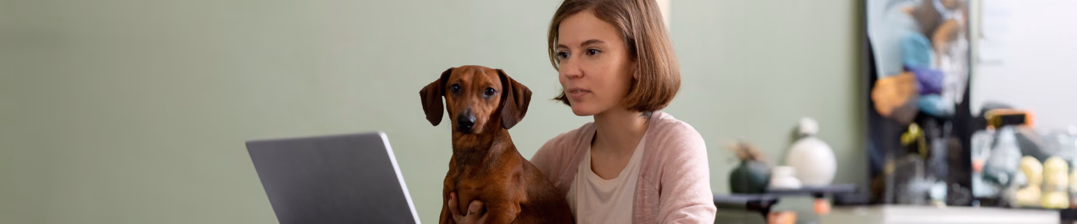 Woman in pink cardigan working on laptop with a brown dachshund sitting beside her at a desk with a soft green background