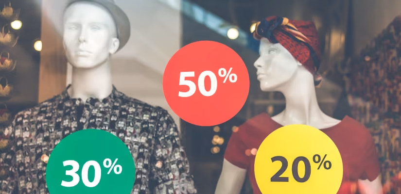 Black Friday sale mannequins with 20%, 30%, 50% discount tags, ideal for retail promotions.
