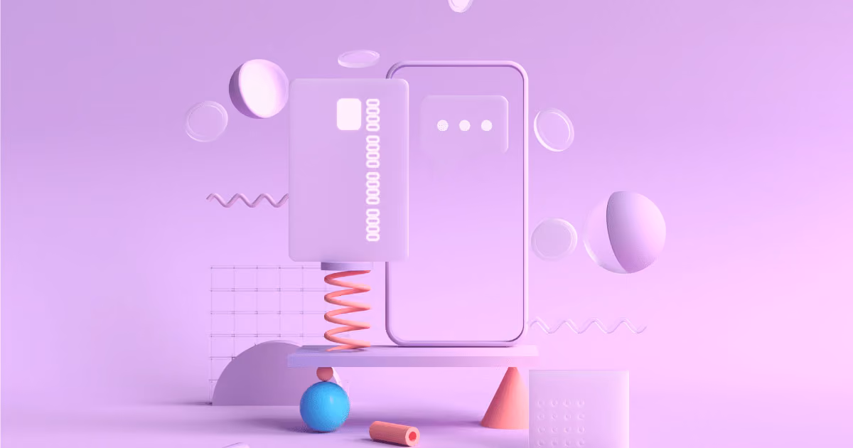 Abstract mobile banking scene with smartphone and credit card, ideal for WhatsApp API articles.