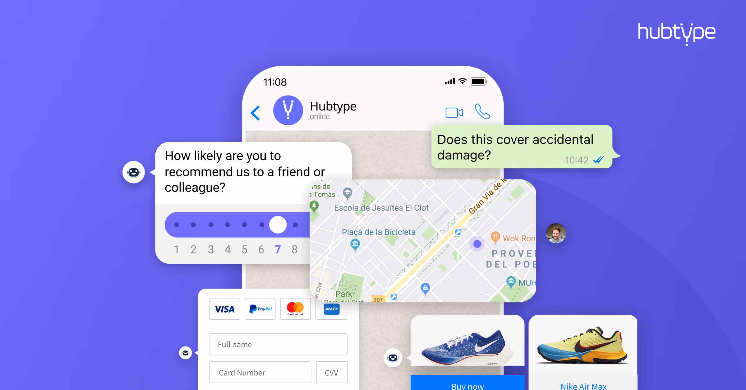 Mobile chat UI showcasing customer service interactions, including survey, map, payment options, and Nike shoe suggestions.