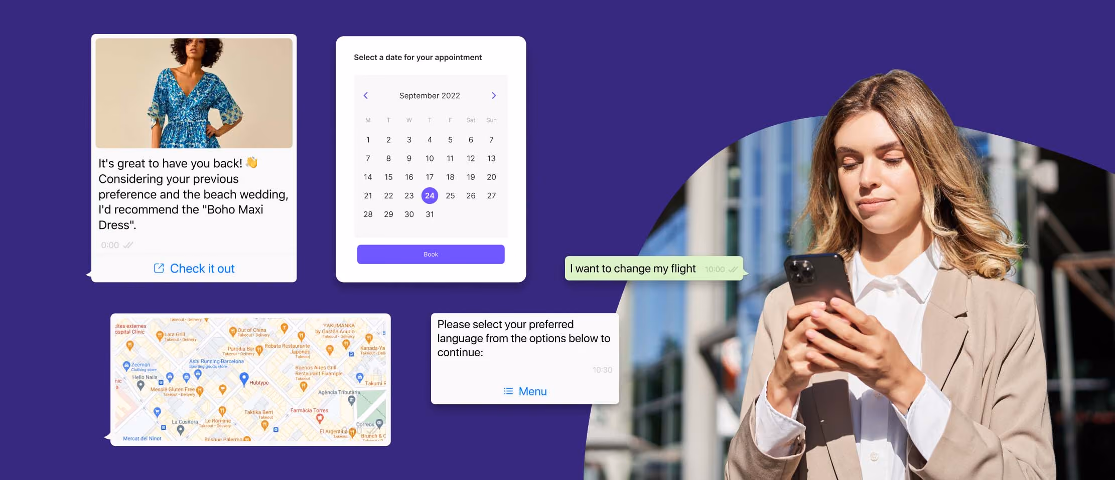 Woman using smartphone surrounded by UI elements like a calendar, map, dress suggestion, and chat messages.