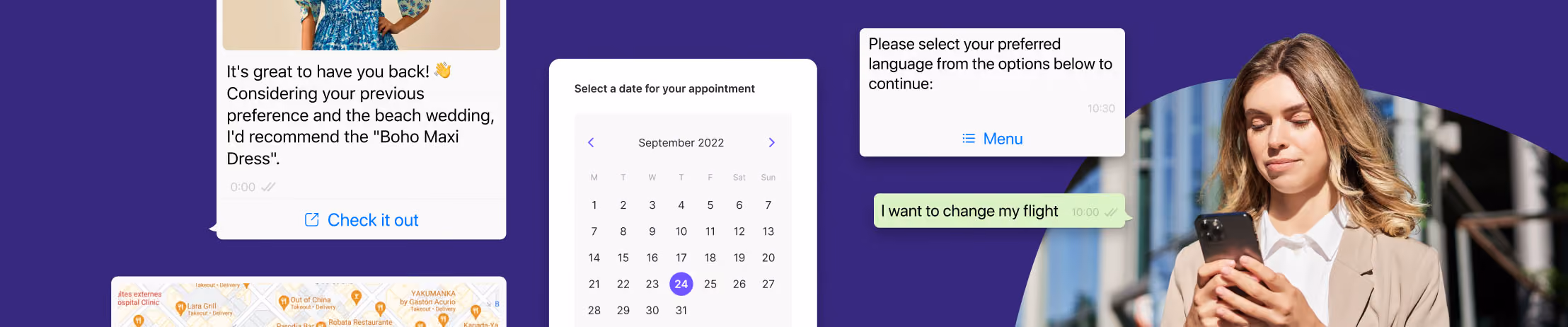 Woman using smartphone surrounded by UI elements like a calendar, map, dress suggestion, and chat messages.