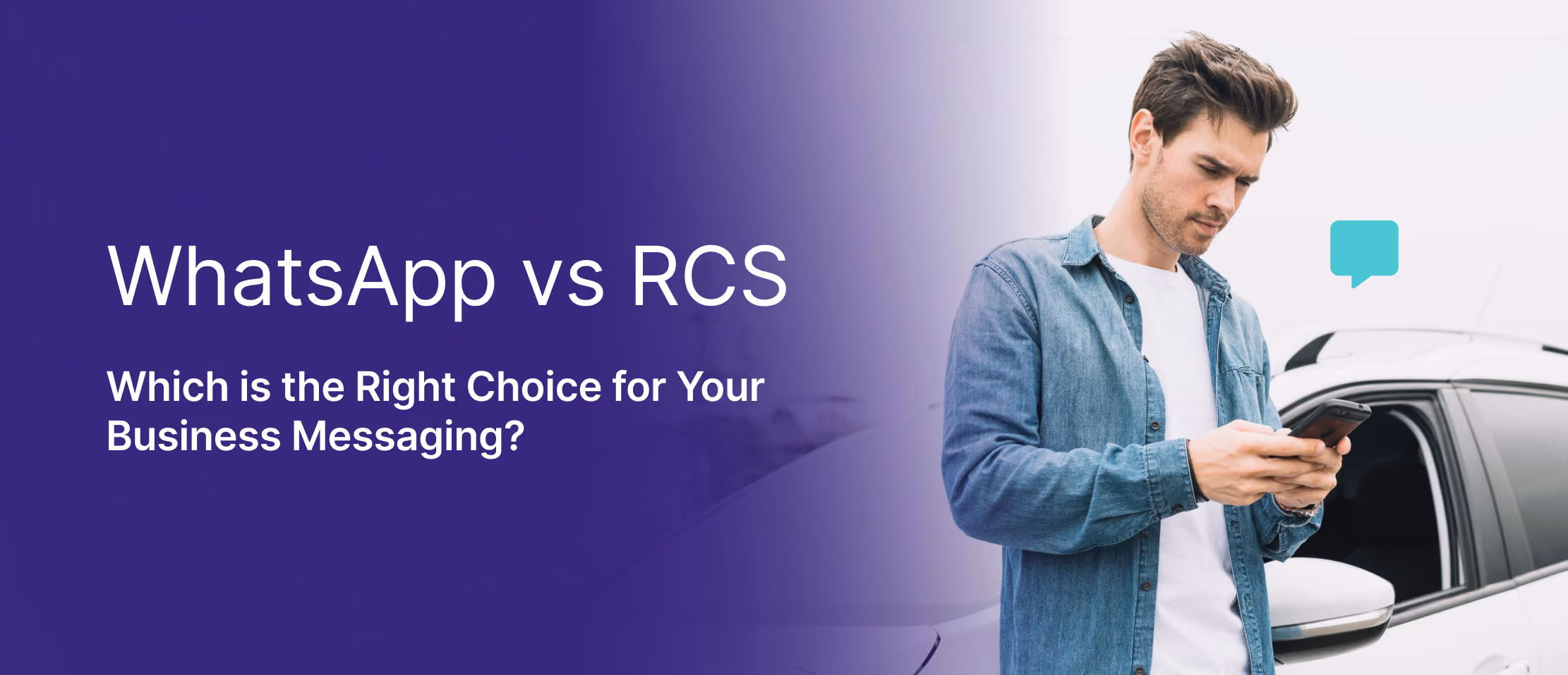 Business professional in denim jacket checking smartphone beside a car, comparing WhatsApp and RCS messaging platforms