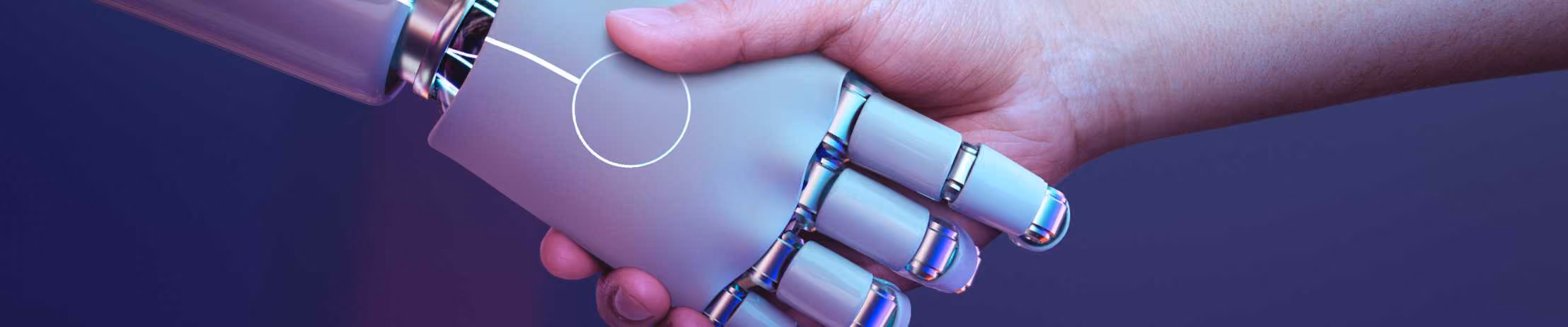 AI robot handshake with person symbolizing collaboration and innovation.