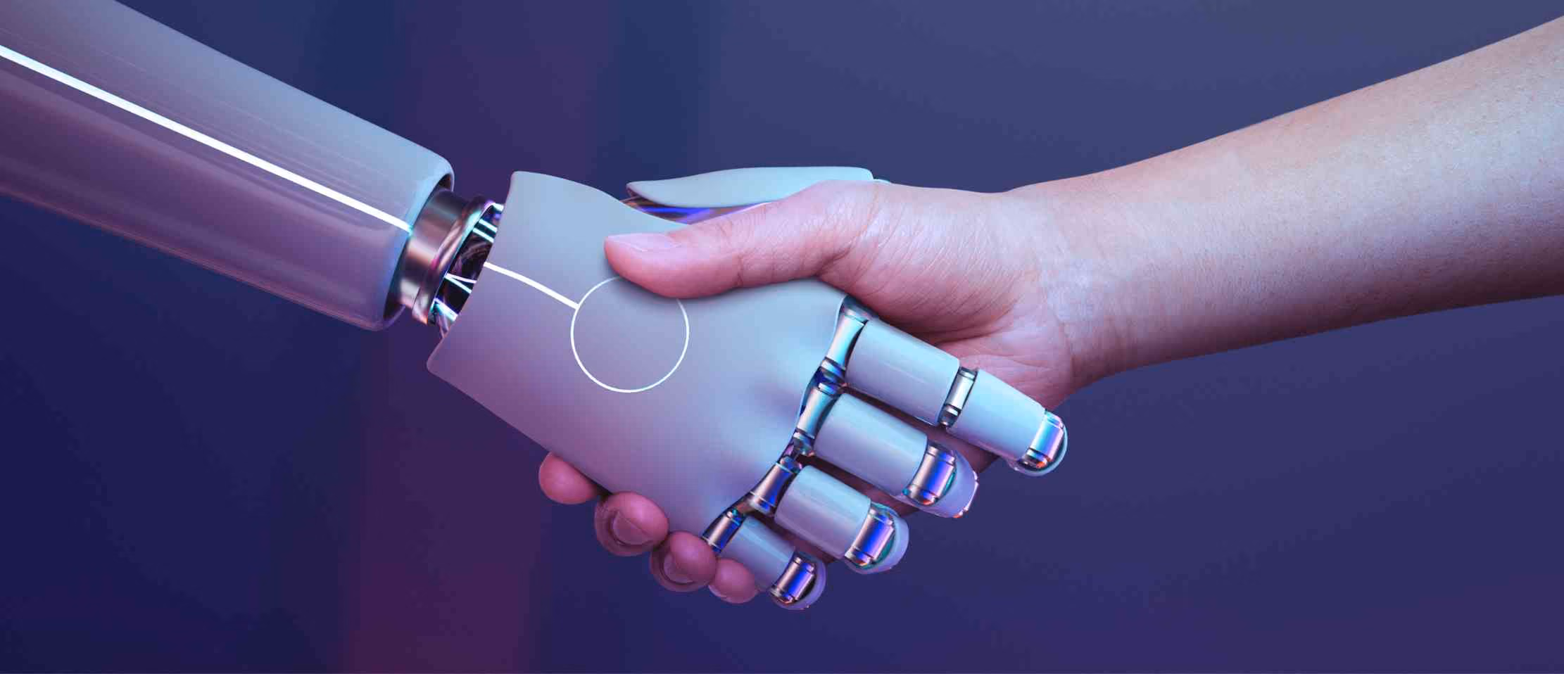 AI robot handshake with person symbolizing collaboration and innovation.