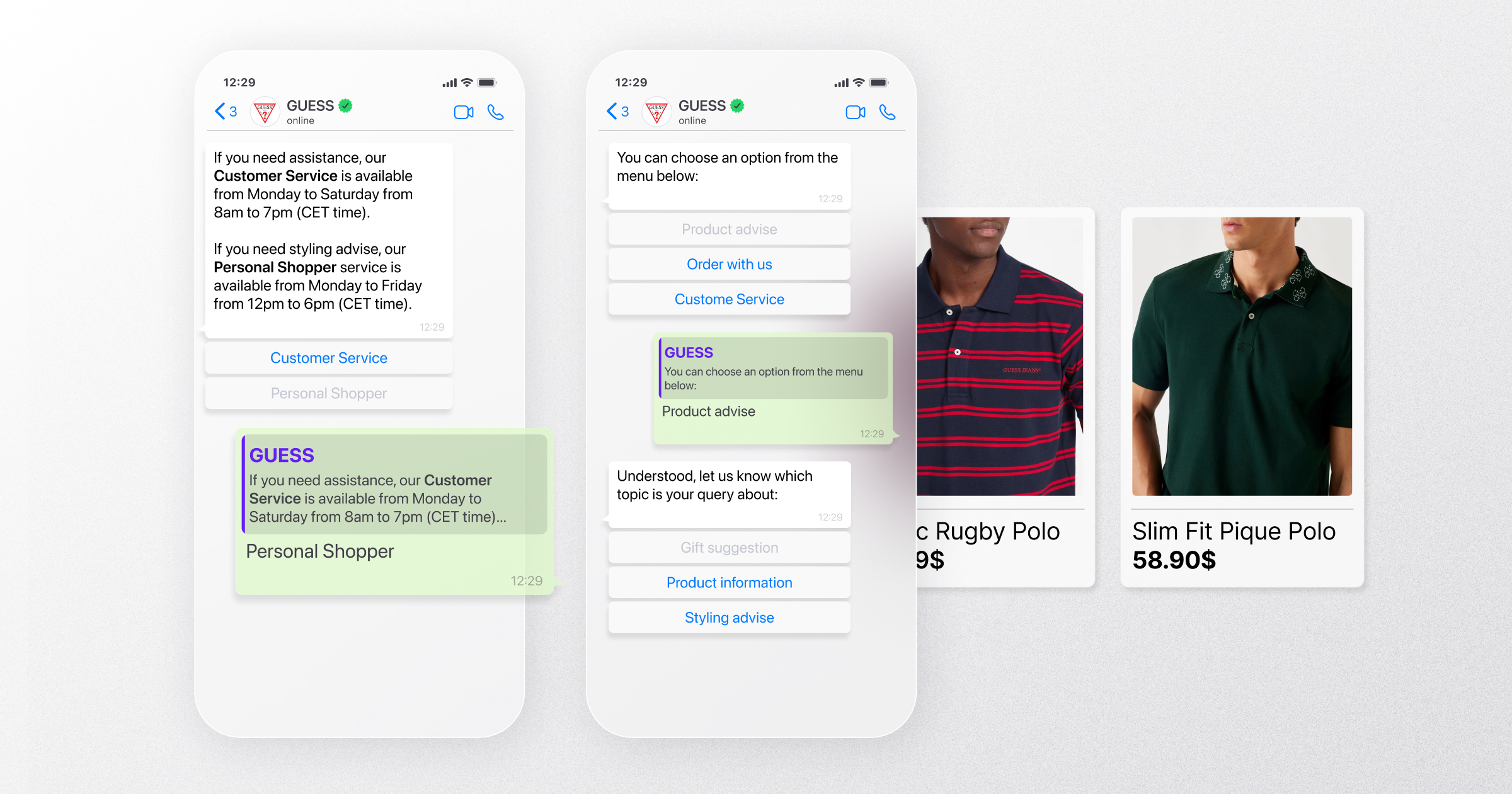 Screenshot of a WhatsApp conversation with GUESS’s virtual assistant offering customer service and personal shopper support. The chat includes options for product advice, placing orders, and styling suggestions, followed by product recommendations like polo shirts with prices.
