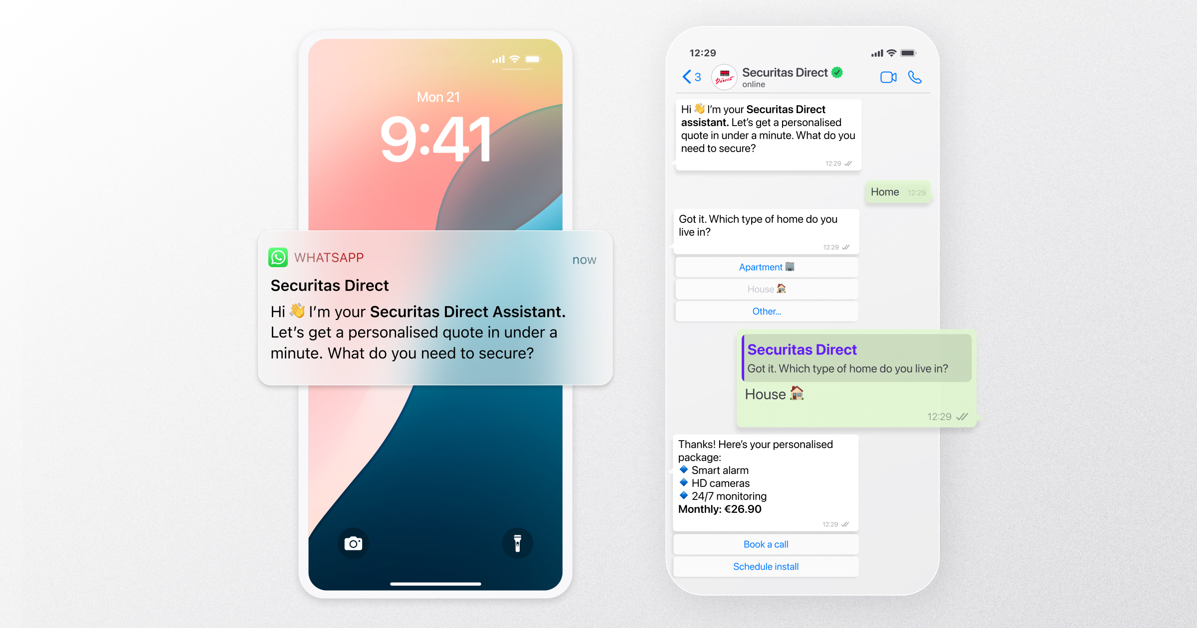 Mobile phone showing a WhatsApp notification from Securitas Direct offering a personalised quote. The following chat guides the user through selecting their home type and presents a tailored security package with pricing and options to book a call or schedule installation.