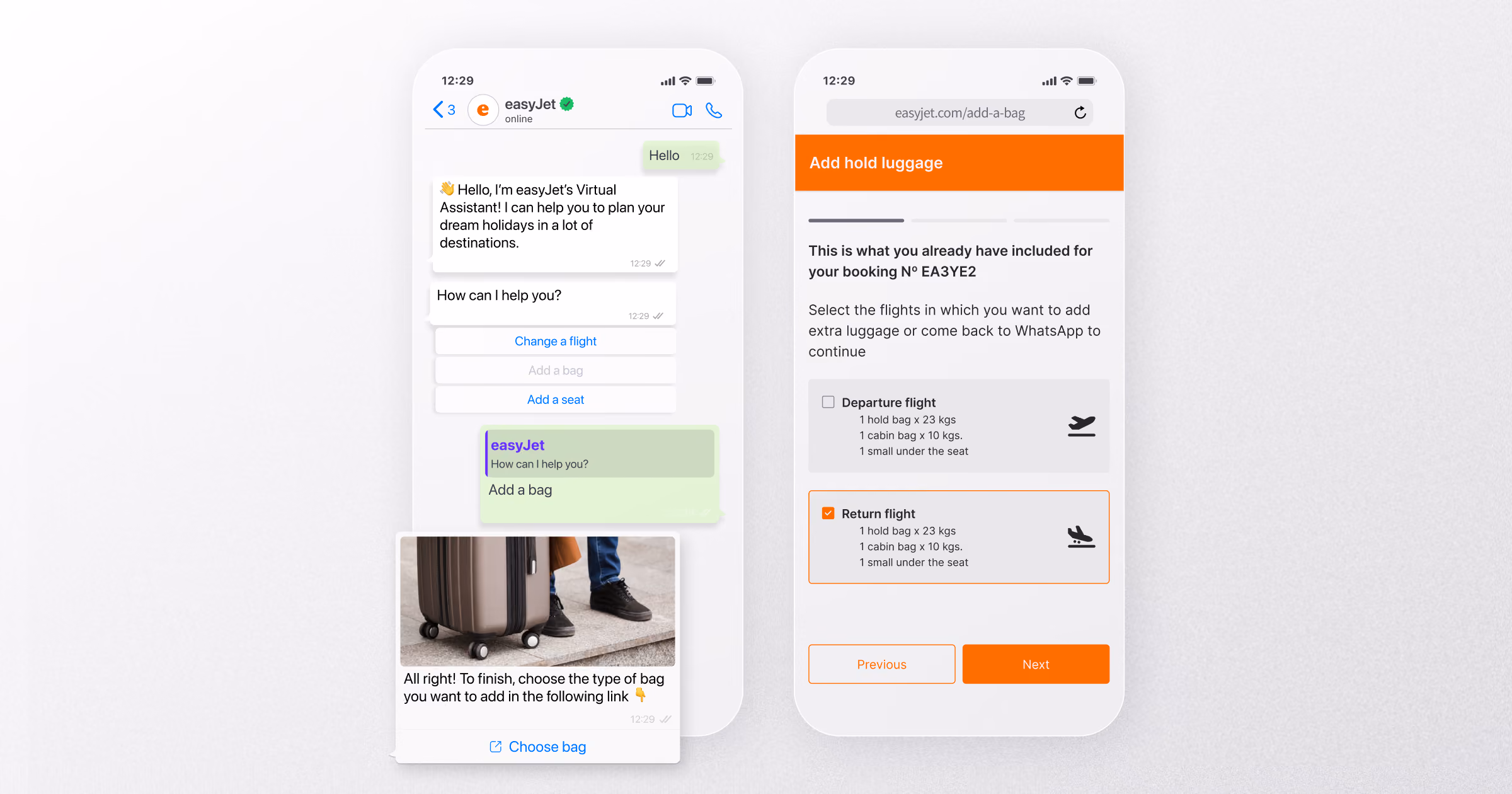 easyJet’s WhatsApp assistant helps a user manage travel details. The conversation includes buttons to change a flight, add a bag, or select a seat. The chat links to a webpage where the user can choose baggage options for their flight booking.