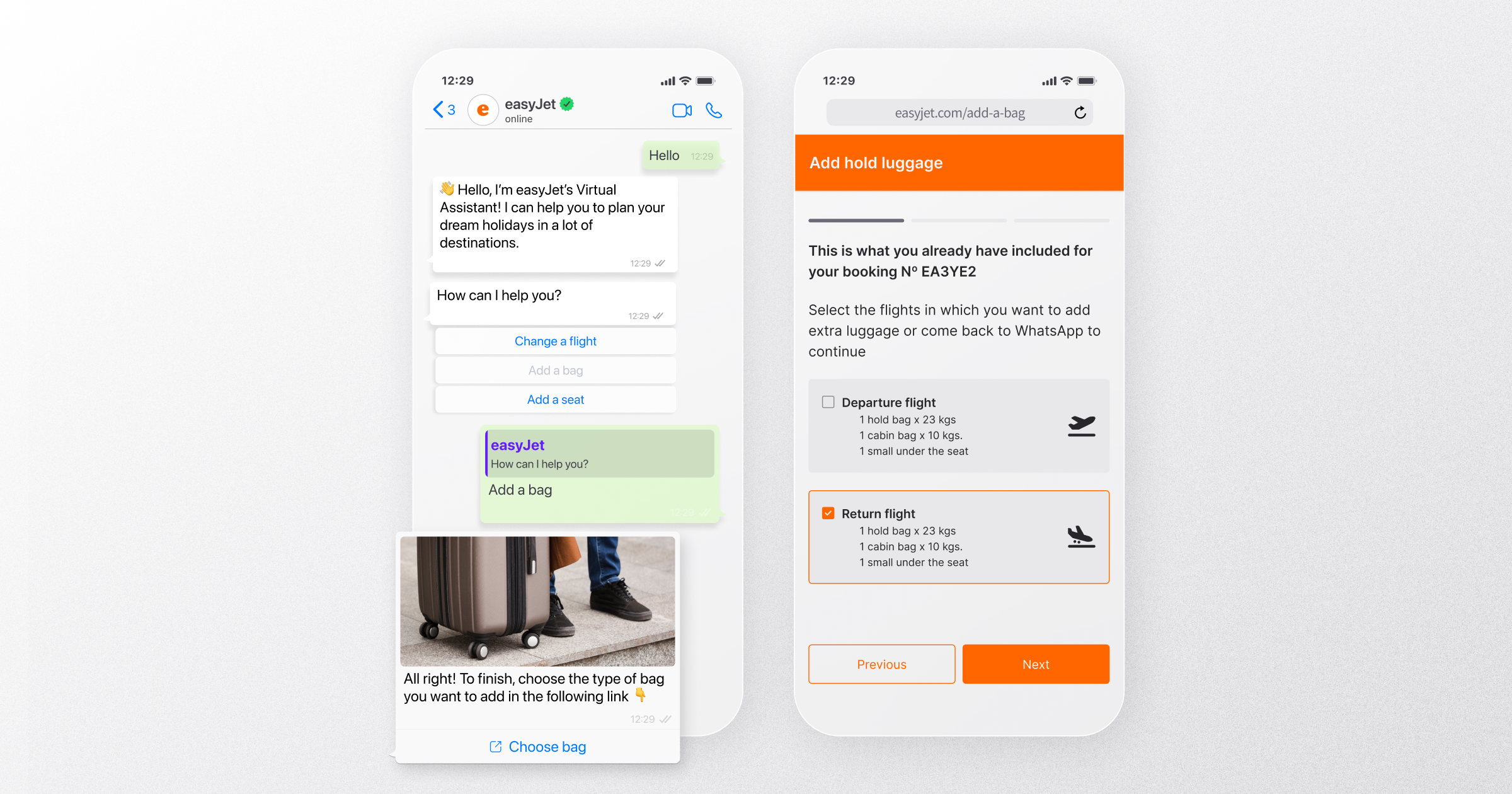 easyJet’s WhatsApp assistant helps a user manage travel details. The conversation includes buttons to change a flight, add a bag, or select a seat. The chat links to a webpage where the user can choose baggage options for their flight booking.