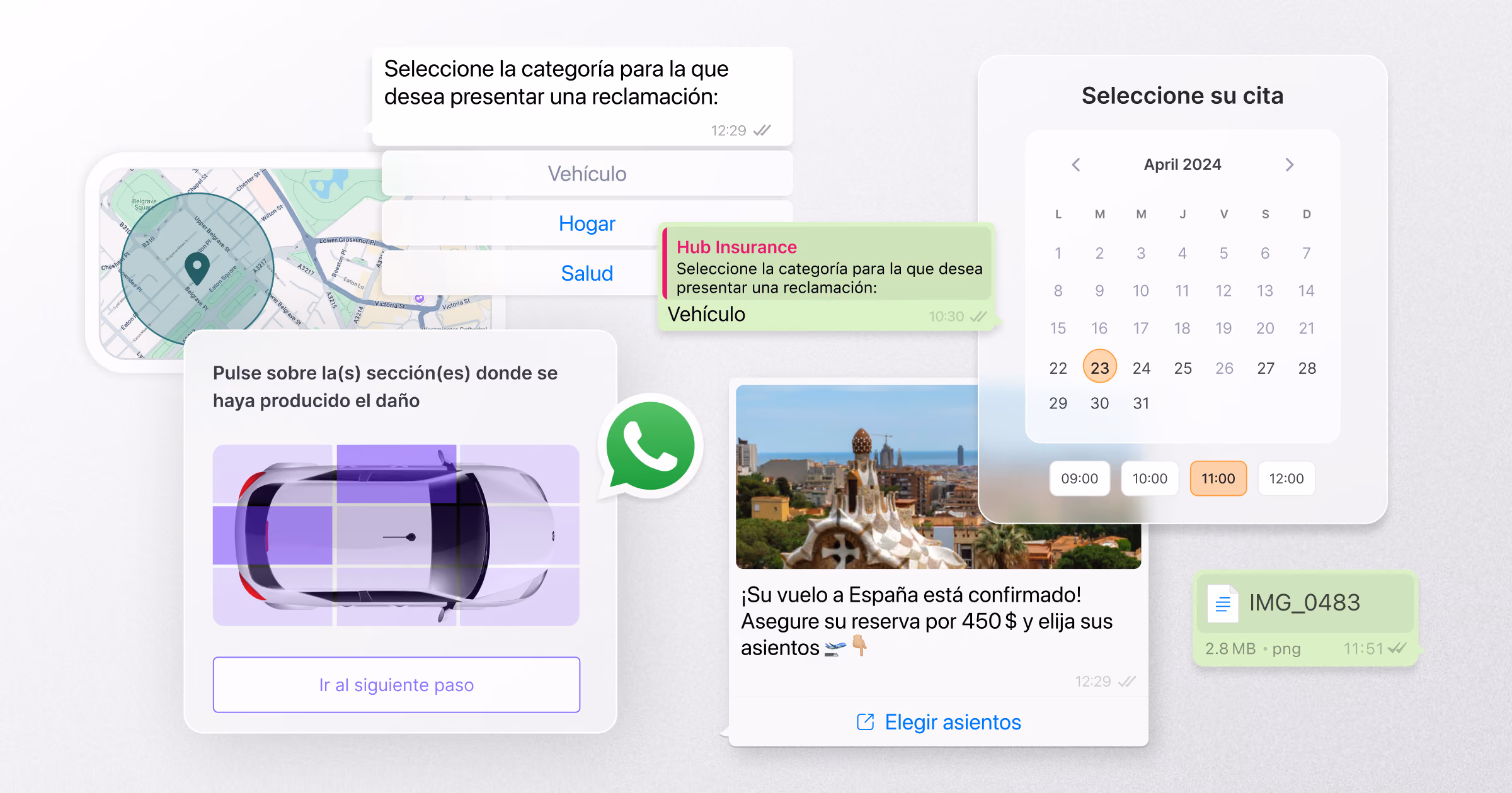 Interfaz de WhatsApp con opciones interactivas para presentar una reclamación de seguro, seleccionar una cita en un calendario, marcar daños en un vehículo, recibir confirmación de vuelo y enviar imágenes adjuntas. Incluye botones para elegir categorías como vehículo, hogar o salud.