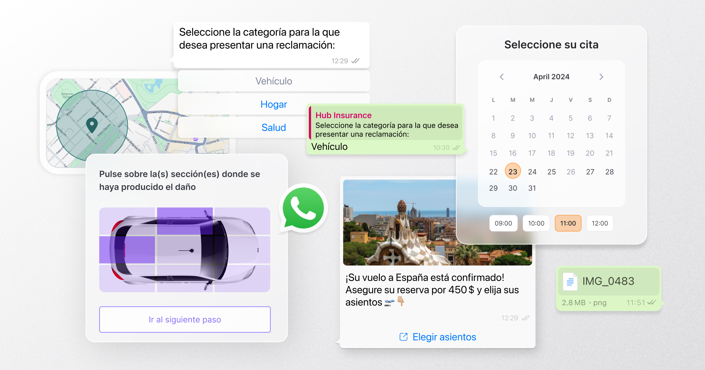 Interfaz de WhatsApp con opciones interactivas para presentar una reclamación de seguro, seleccionar una cita en un calendario, marcar daños en un vehículo, recibir confirmación de vuelo y enviar imágenes adjuntas. Incluye botones para elegir categorías como vehículo, hogar o salud.