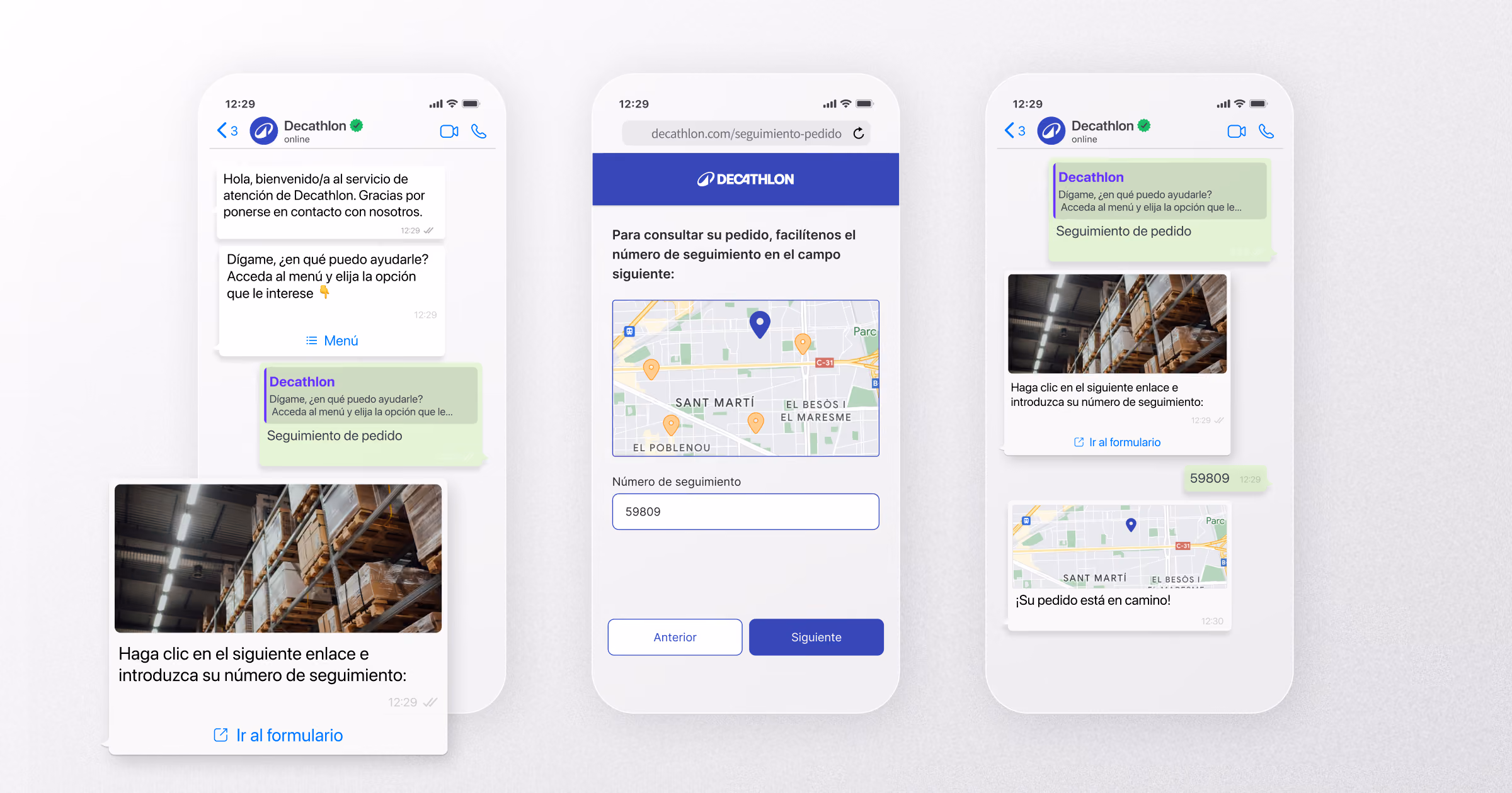 Conversación de WhatsApp con el servicio de atención al cliente de Decathlon. El asistente guía al usuario para hacer seguimiento de su pedido mediante un enlace a formulario web donde se introduce el número de seguimiento y se muestra un mapa con el estado del pedido.