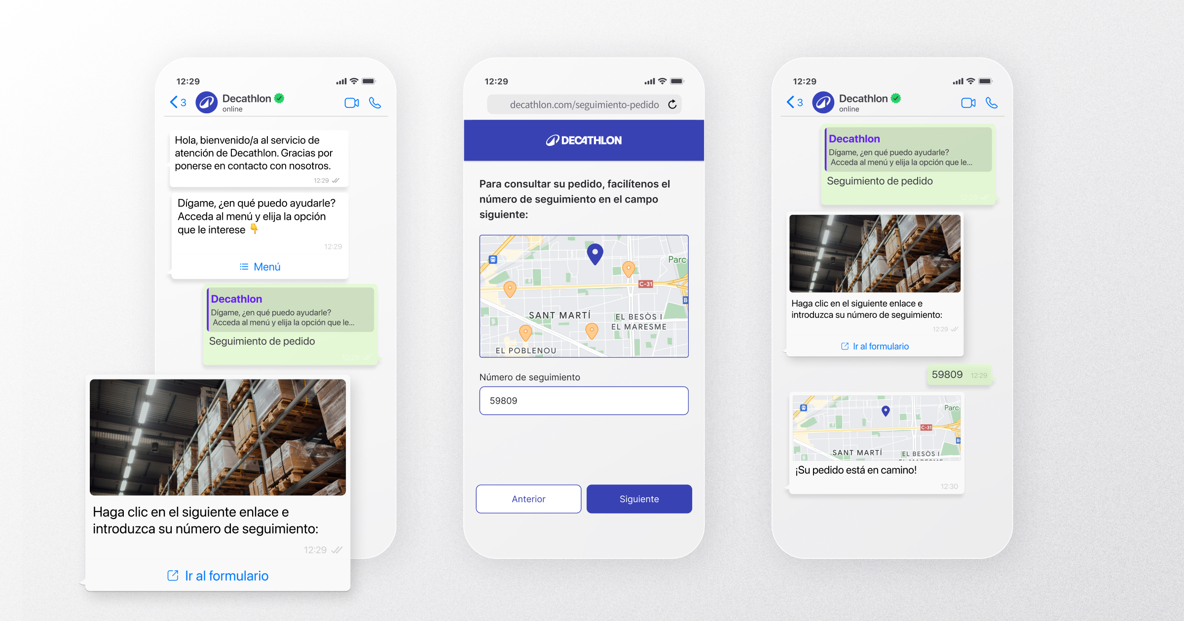 Conversación de WhatsApp con el servicio de atención al cliente de Decathlon. El asistente guía al usuario para hacer seguimiento de su pedido mediante un enlace a formulario web donde se introduce el número de seguimiento y se muestra un mapa con el estado del pedido.