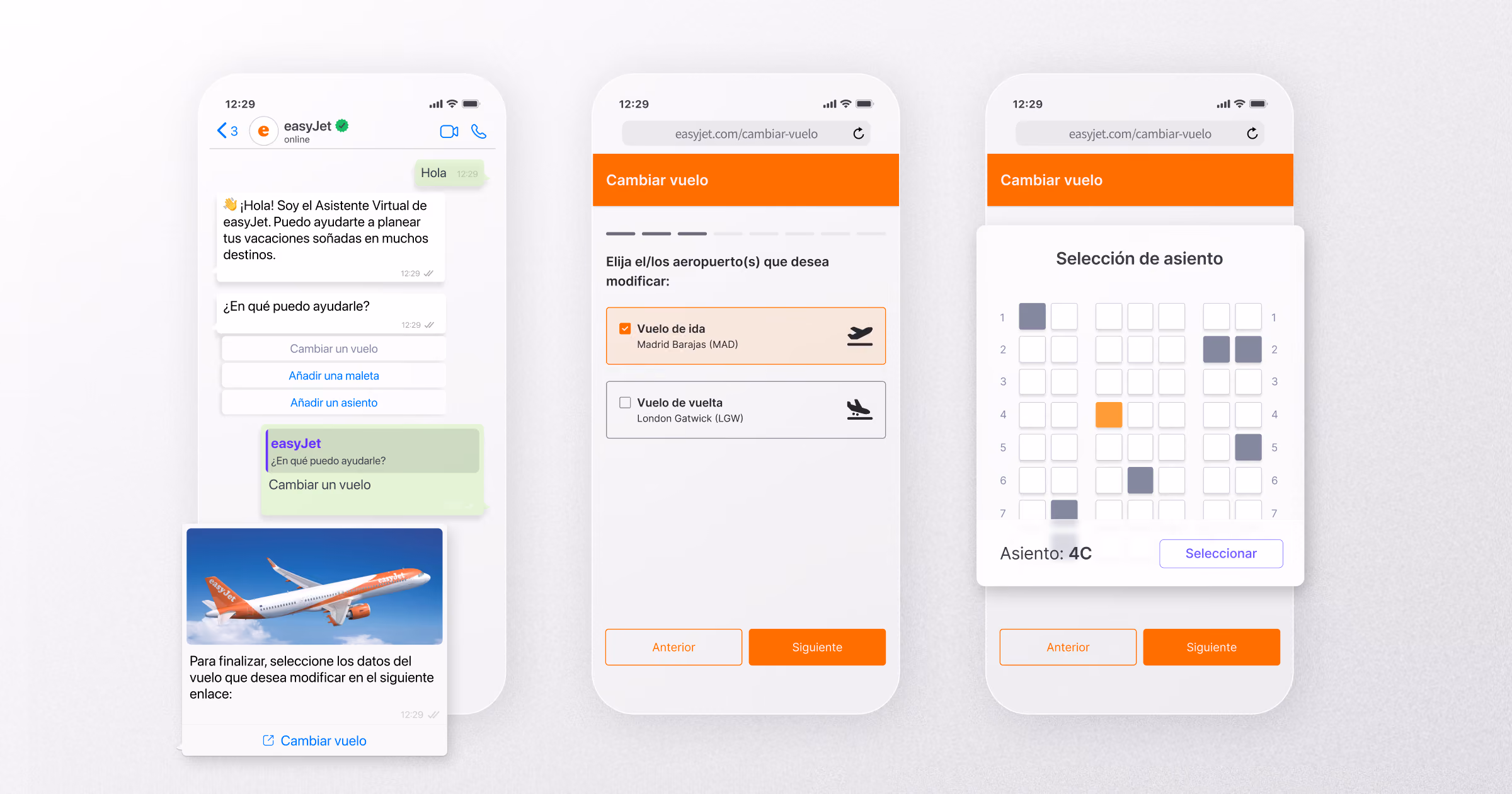 Asistente virtual de easyJet en WhatsApp ayuda al usuario a cambiar un vuelo. El proceso incluye botones para seleccionar el trayecto, un enlace a la web para modificar el vuelo y una vista de selección de asiento con disponibilidad mostrada en un mapa de asientos.