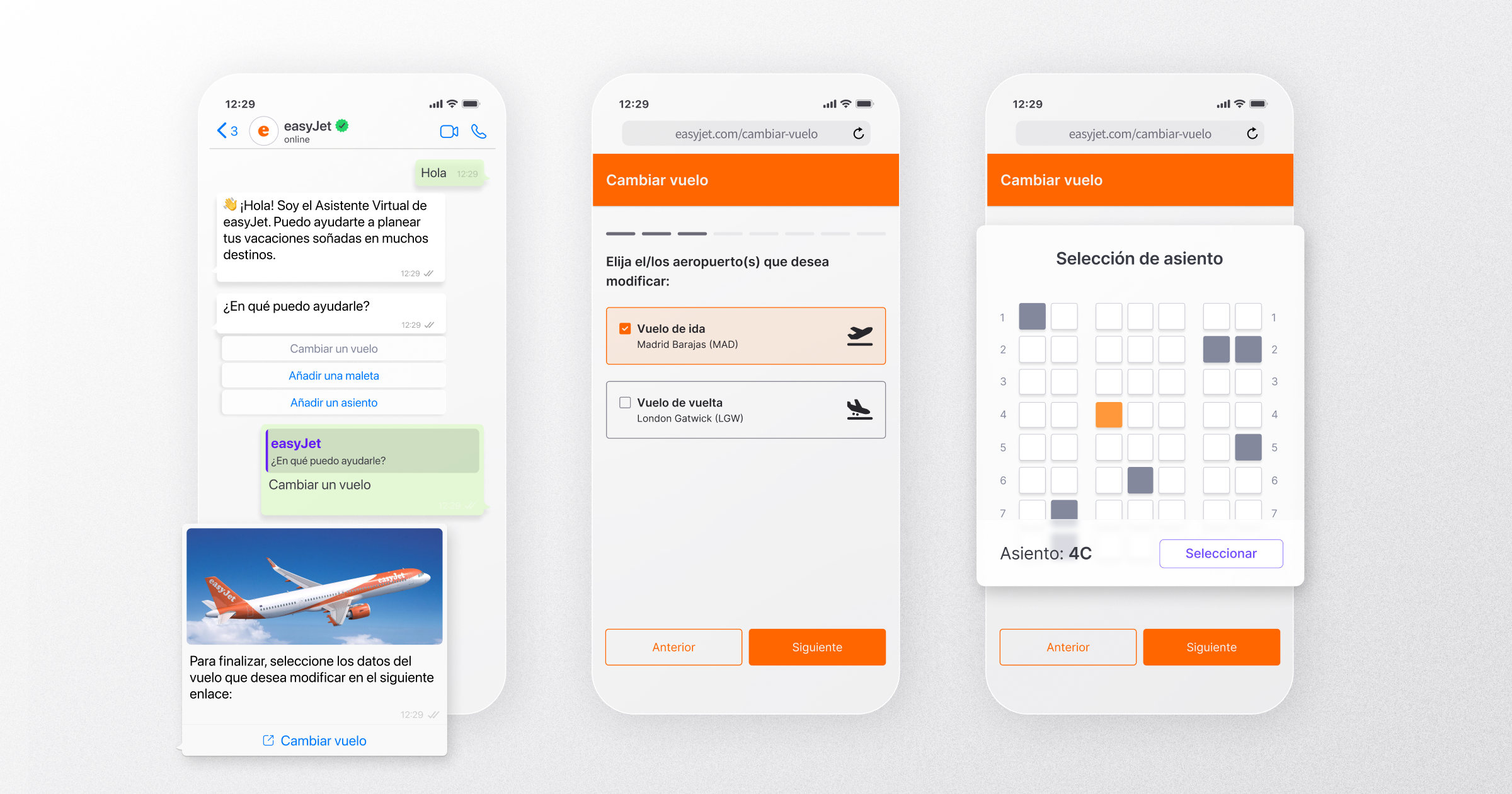 Asistente virtual de easyJet en WhatsApp ayuda al usuario a cambiar un vuelo. El proceso incluye botones para seleccionar el trayecto, un enlace a la web para modificar el vuelo y una vista de selección de asiento con disponibilidad mostrada en un mapa de asientos.