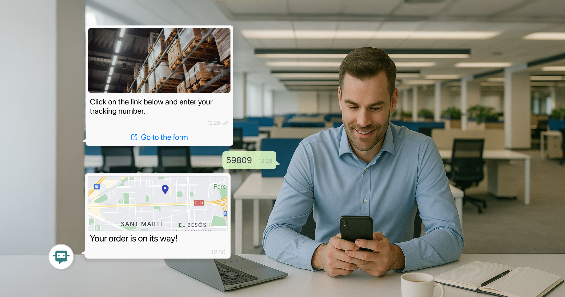 Man in an office looking at his phone and smiling. On screen, a WhatsApp chat shows order tracking steps: a link to enter the tracking number, a map of the delivery location, and the confirmation message 'Your order is on its way!'.