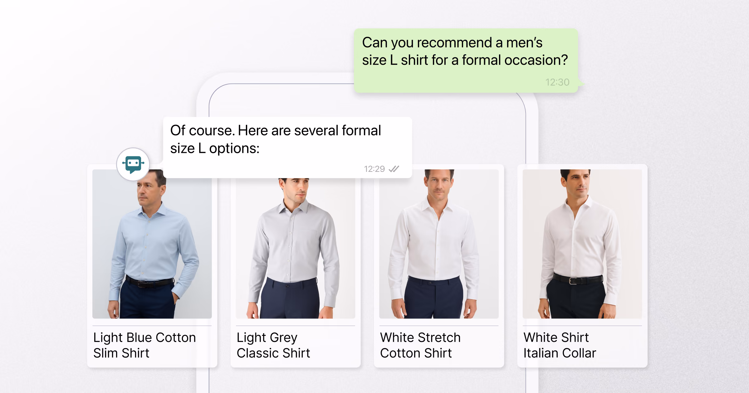 WhatsApp conversation where a user asks for a men’s size L shirt for a formal occasion. The chatbot responds with four options: Light Blue Cotton Slim Shirt, Light Grey Classic Shirt, White Stretch Cotton Shirt, and White Shirt with Italian Collar, each displayed with a product image.