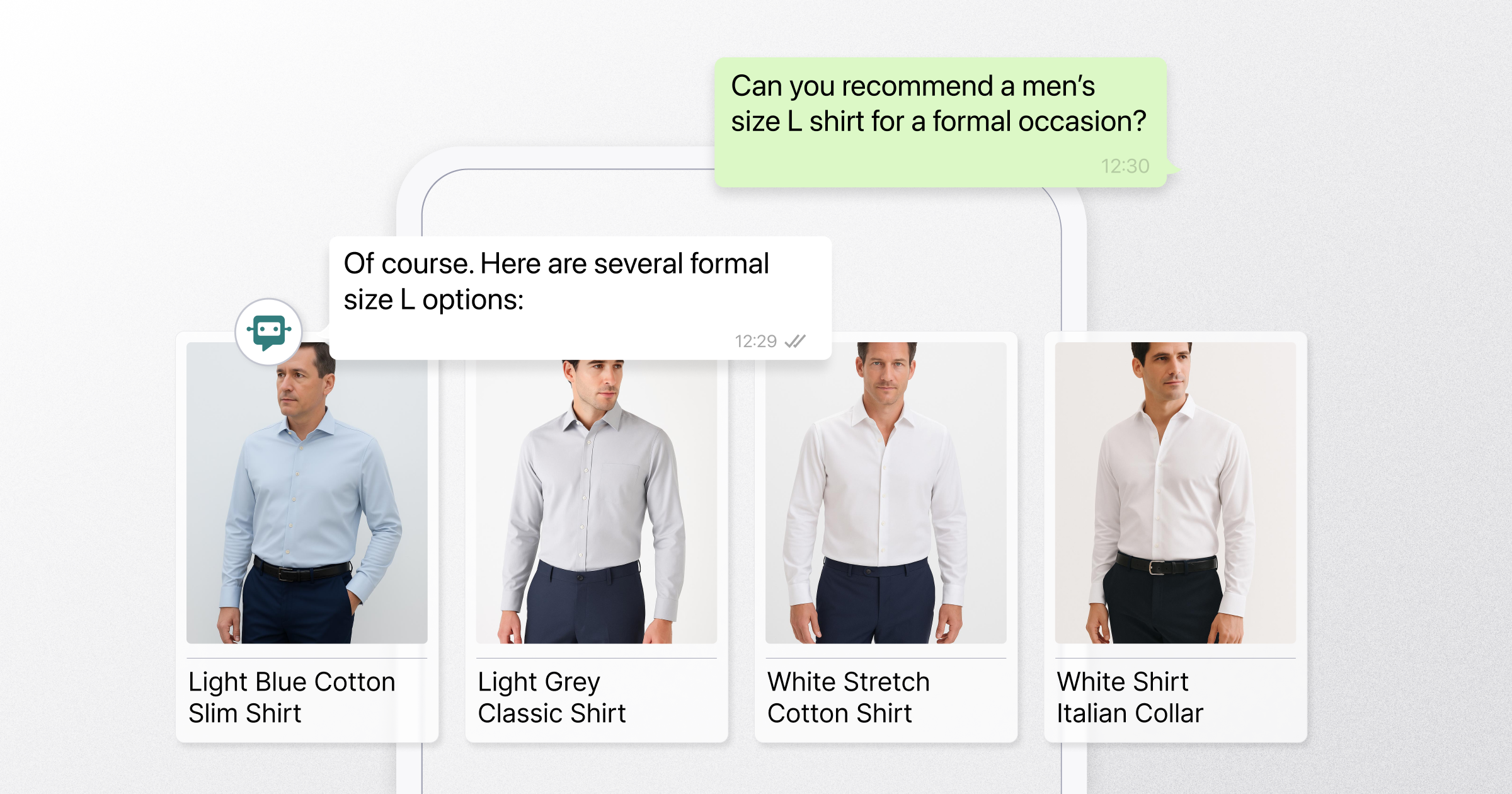WhatsApp conversation where a user asks for a men’s size L shirt for a formal occasion. The chatbot responds with four options: Light Blue Cotton Slim Shirt, Light Grey Classic Shirt, White Stretch Cotton Shirt, and White Shirt with Italian Collar, each displayed with a product image.