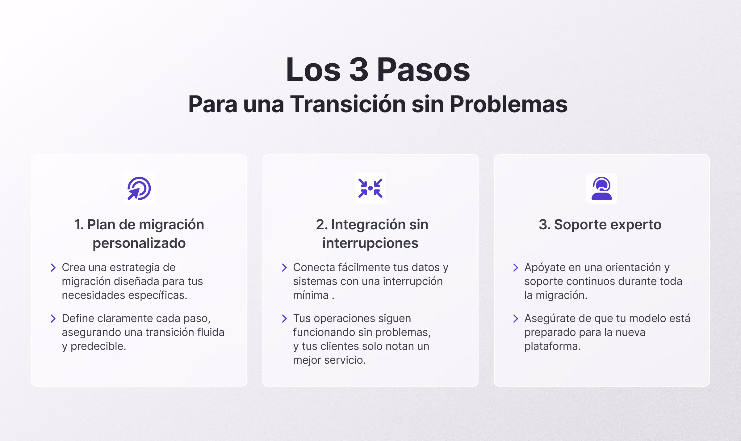 Gráfico que muestra tres pasos para una transición fluida: 1. Plan de migración personalizado con estrategia clara, 2. Integración sin interrupciones con mínima disrupción, y 3. Soporte experto con orientación continua durante la migración.