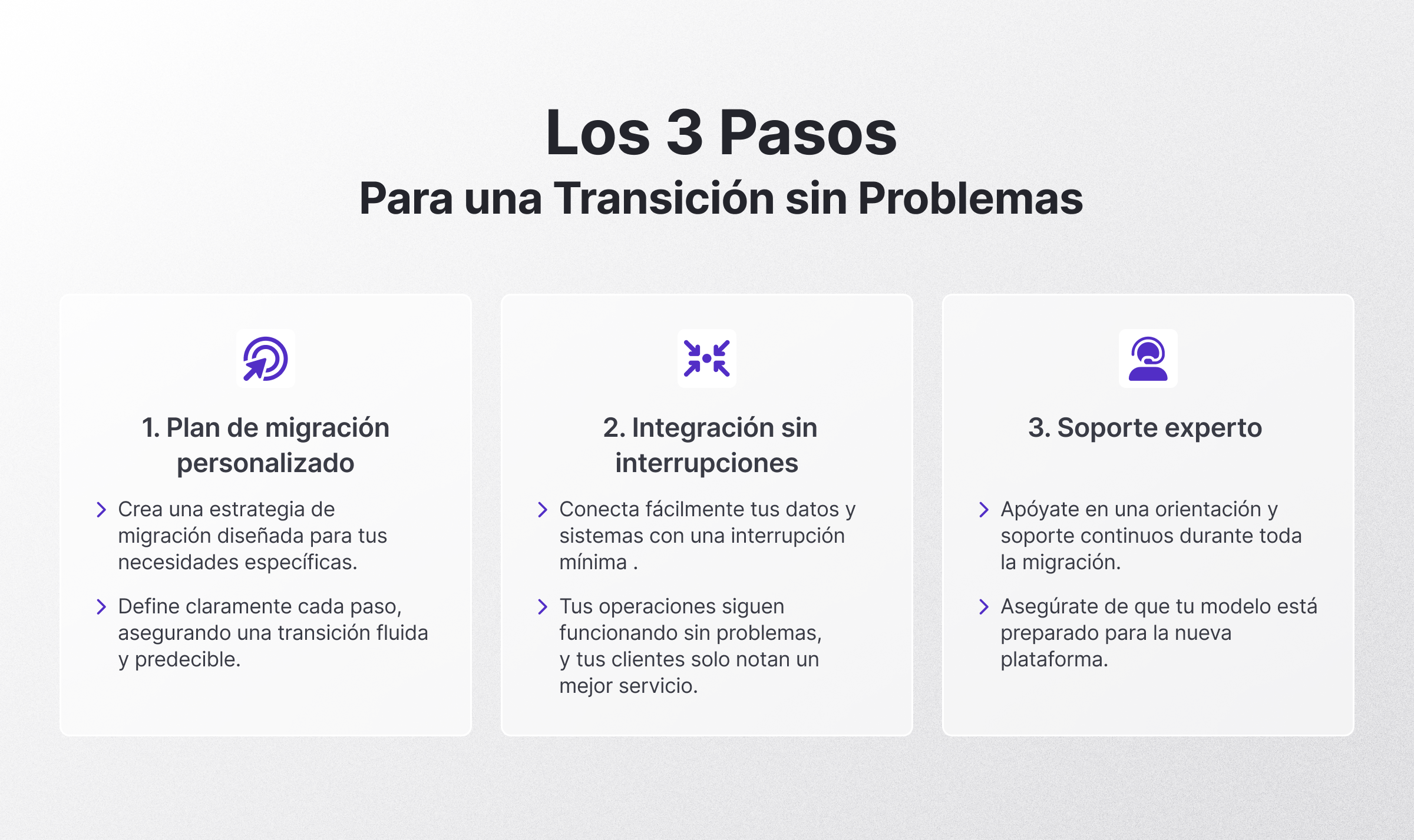 Gráfico que muestra tres pasos para una transición fluida: 1. Plan de migración personalizado con estrategia clara, 2. Integración sin interrupciones con mínima disrupción, y 3. Soporte experto con orientación continua durante la migración.