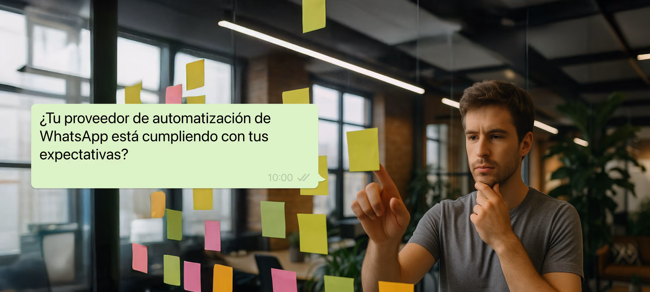 Hombre evaluando notas adhesivas con mensaje: "¿Tu proveedor de automatización en WhatsApp está cumpliendo tus expectativas?" en interfaz estilo WhatsApp