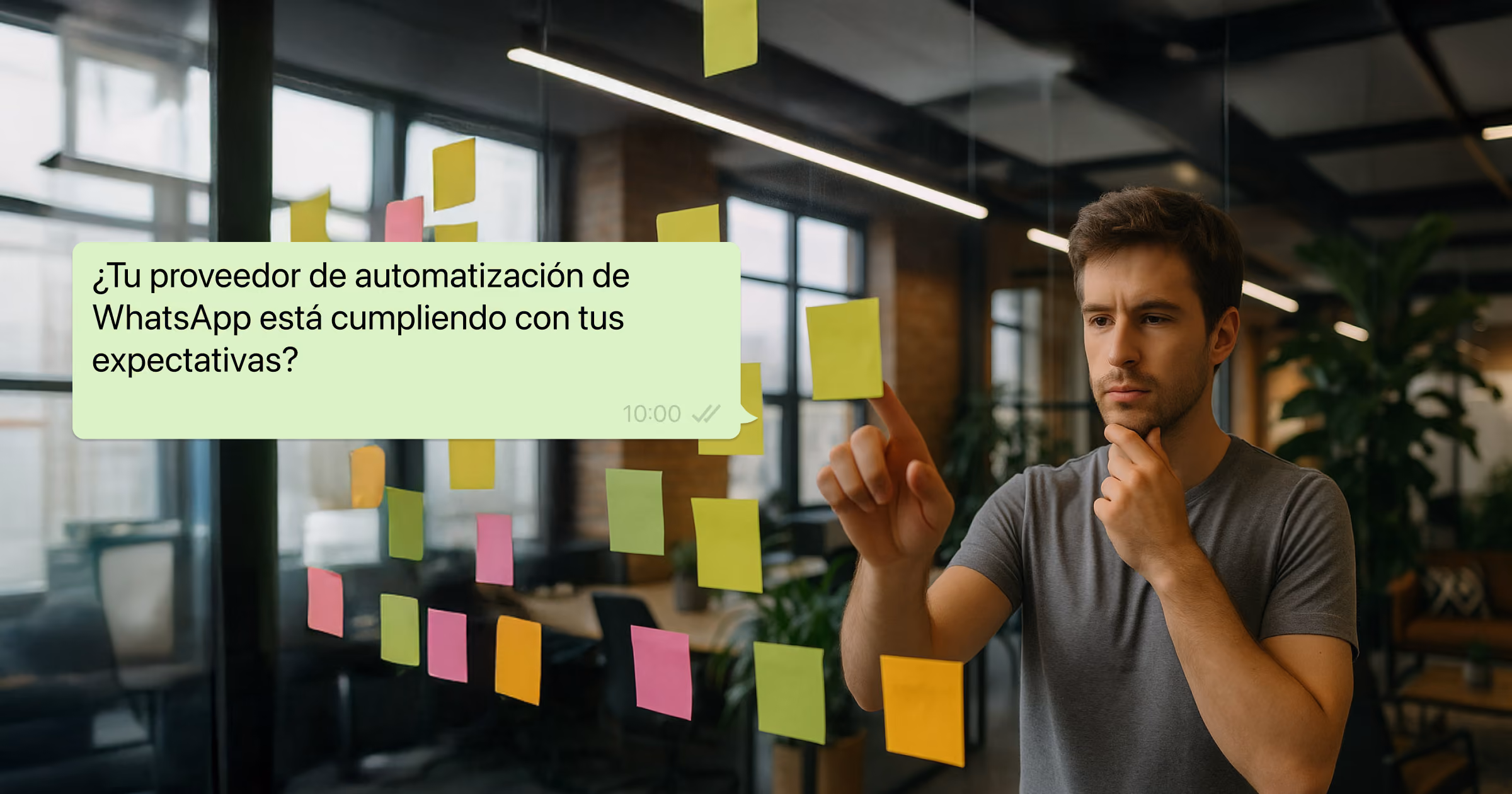 Hombre evaluando notas adhesivas con mensaje: "¿Tu proveedor de automatización en WhatsApp está cumpliendo tus expectativas?" en interfaz estilo WhatsApp