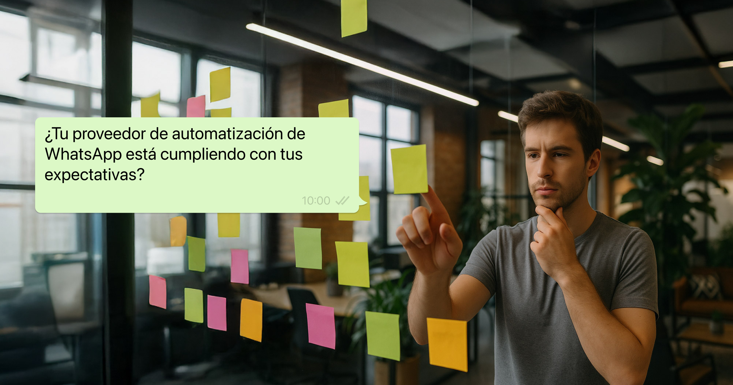 Hombre evaluando notas adhesivas con mensaje: "¿Tu proveedor de automatización en WhatsApp está cumpliendo tus expectativas?" en interfaz estilo WhatsApp