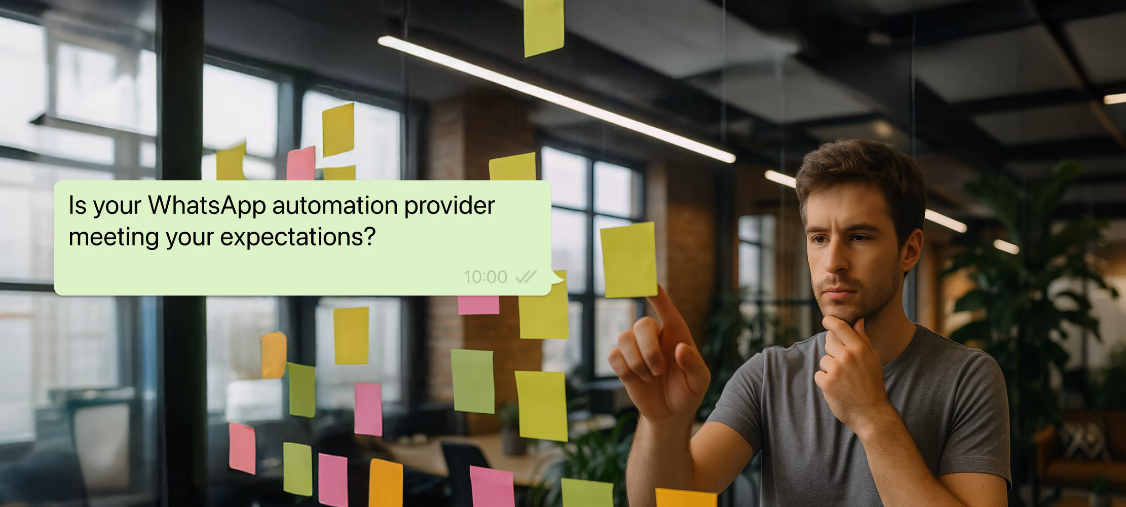 Man looking at sticky notes on glass wall with a WhatsApp message overlay saying, “Is your WhatsApp automation provider meeting your expectations?”.