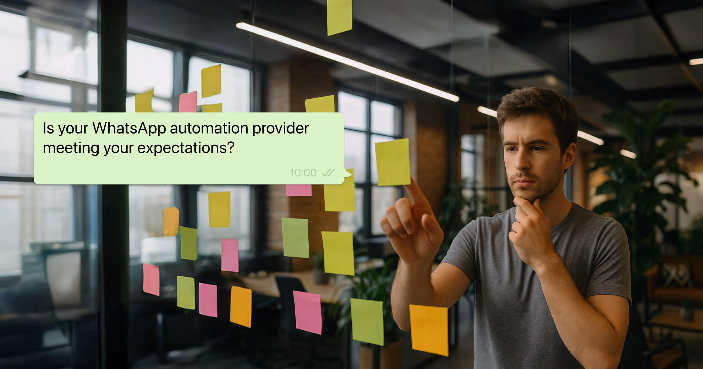 Man looking at sticky notes on glass wall with a WhatsApp message overlay saying, “Is your WhatsApp automation provider meeting your expectations?”.