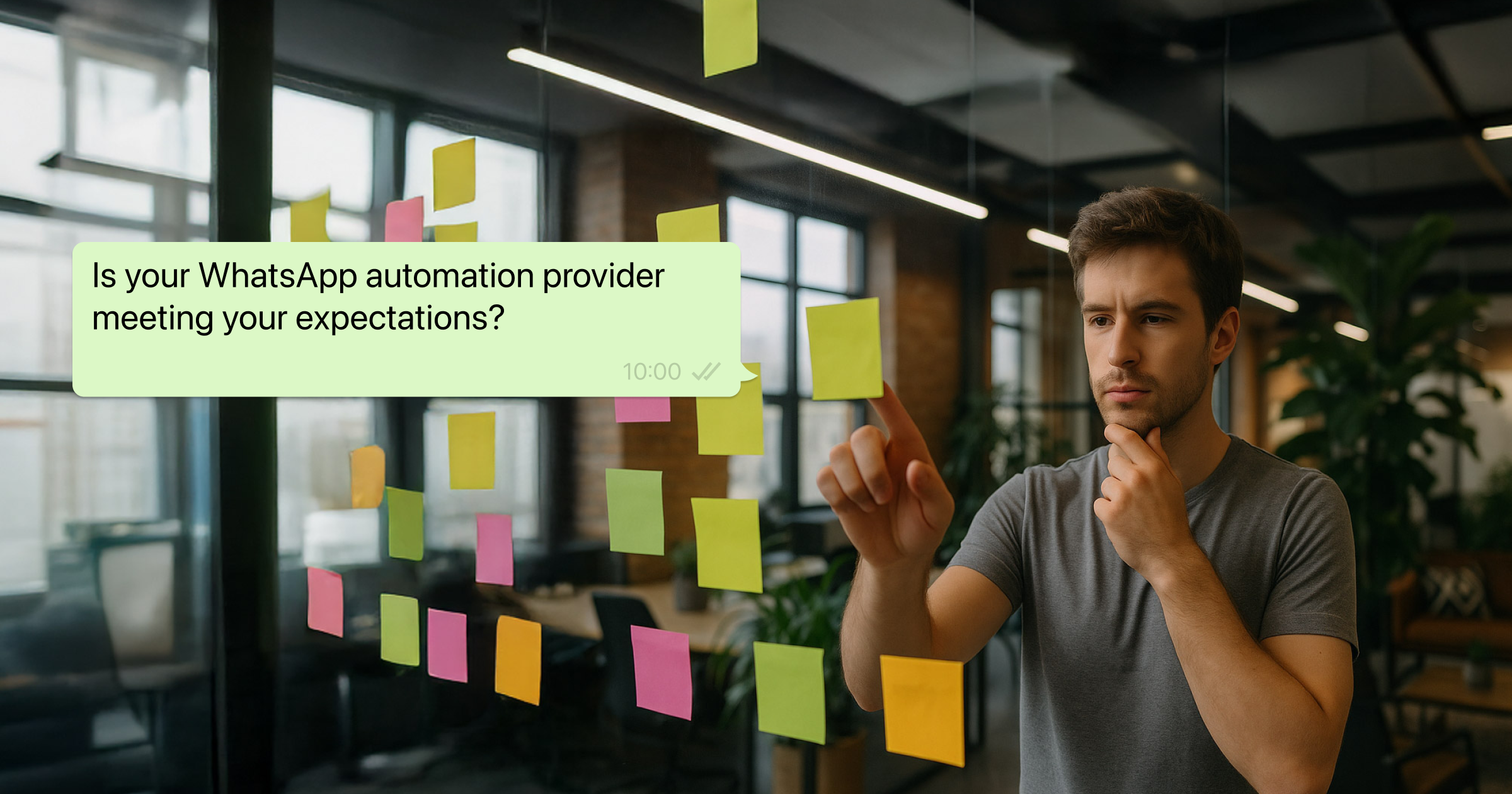 Man looking at sticky notes on glass wall with a WhatsApp message overlay saying, “Is your WhatsApp automation provider meeting your expectations?”.