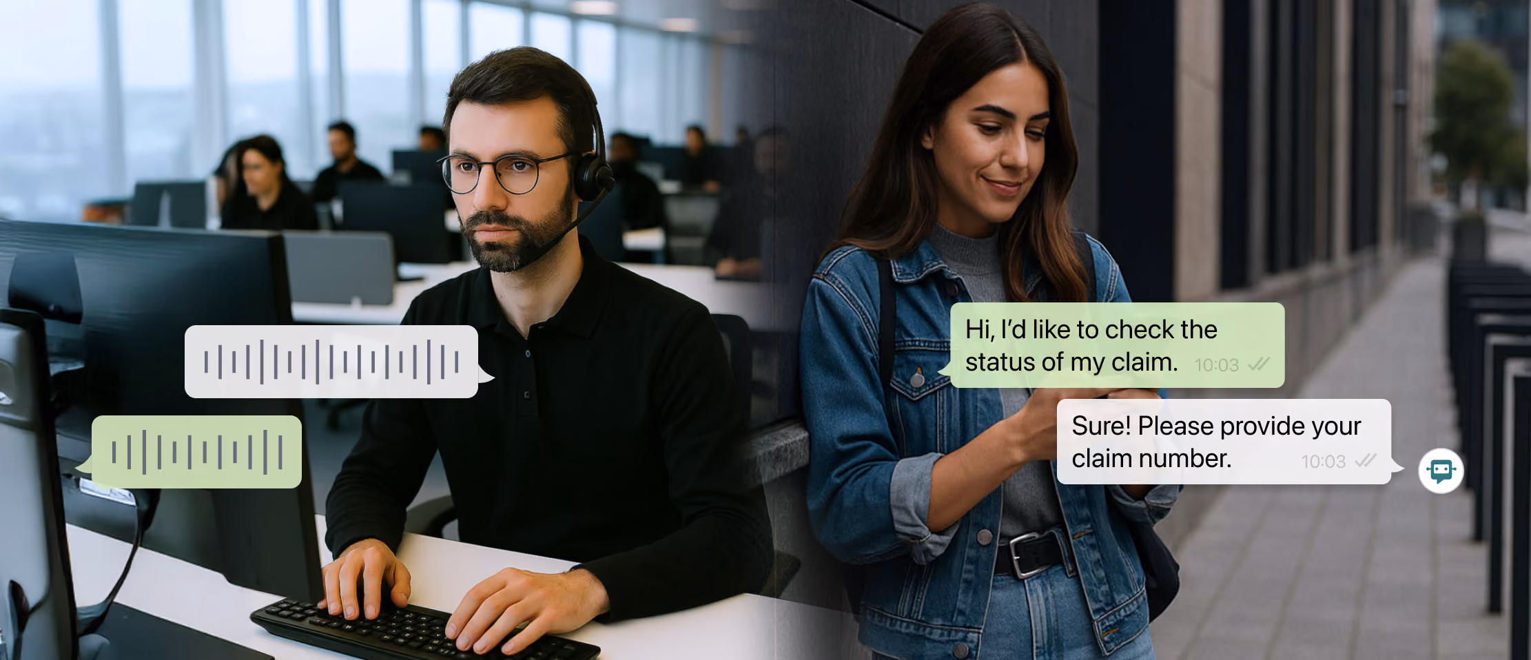 Split image showing customer service interaction. On the left, a man with a headset at a call centre typing on a computer. On the right, a woman outdoors messaging via WhatsApp: 'Hi, I’d like to check the status of my claim.' The assistant replies: 'Sure! Please provide your claim number.